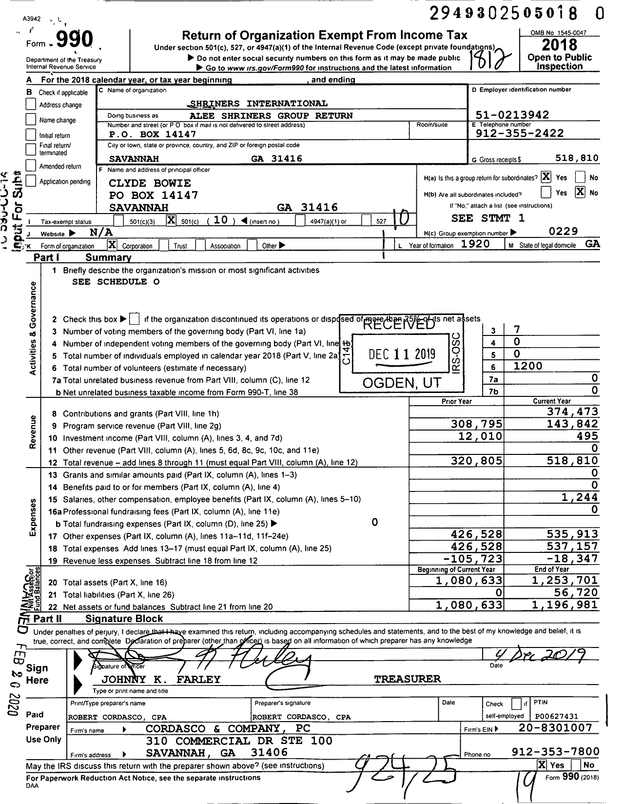 Image of first page of 2018 Form 990O for Shriners International - Alee Shriners Group Return