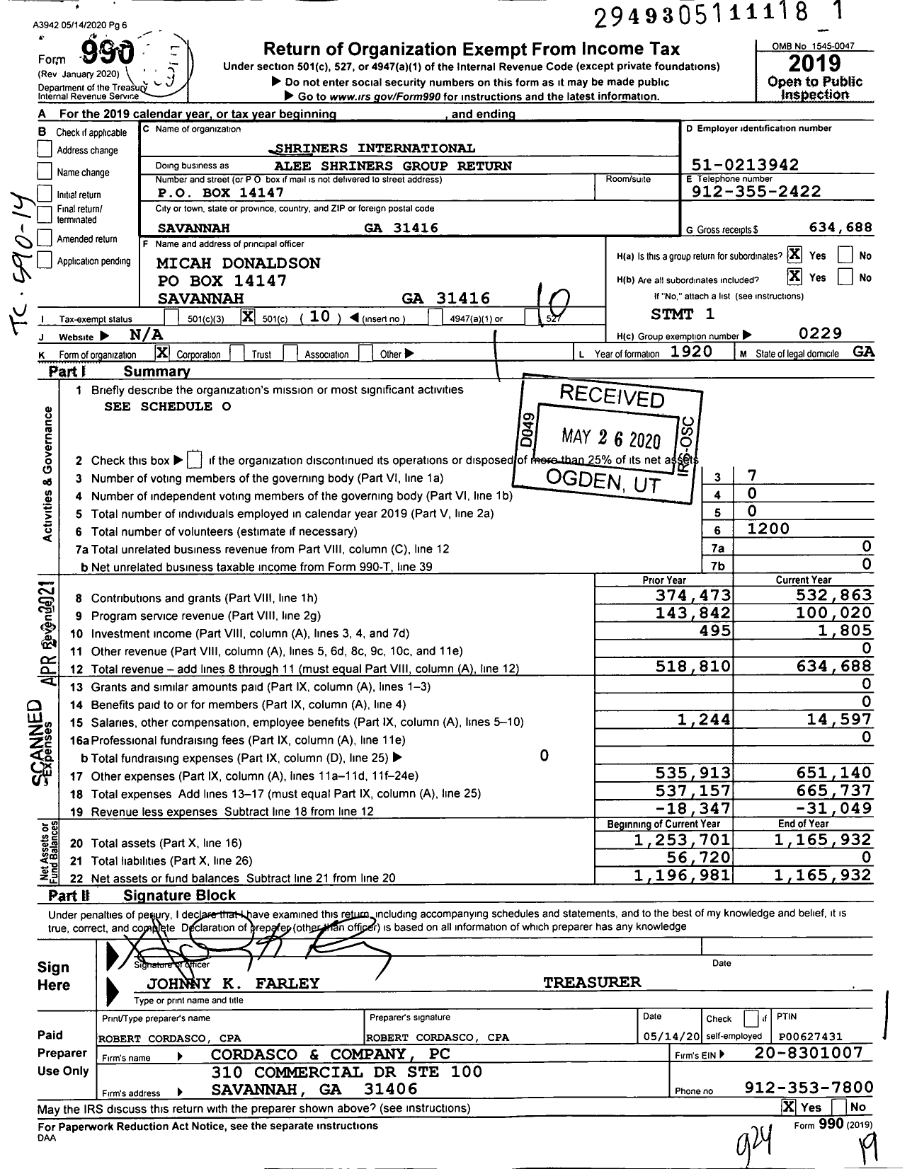 Image of first page of 2019 Form 990O for Shriners International - Alee Shriners Group Return