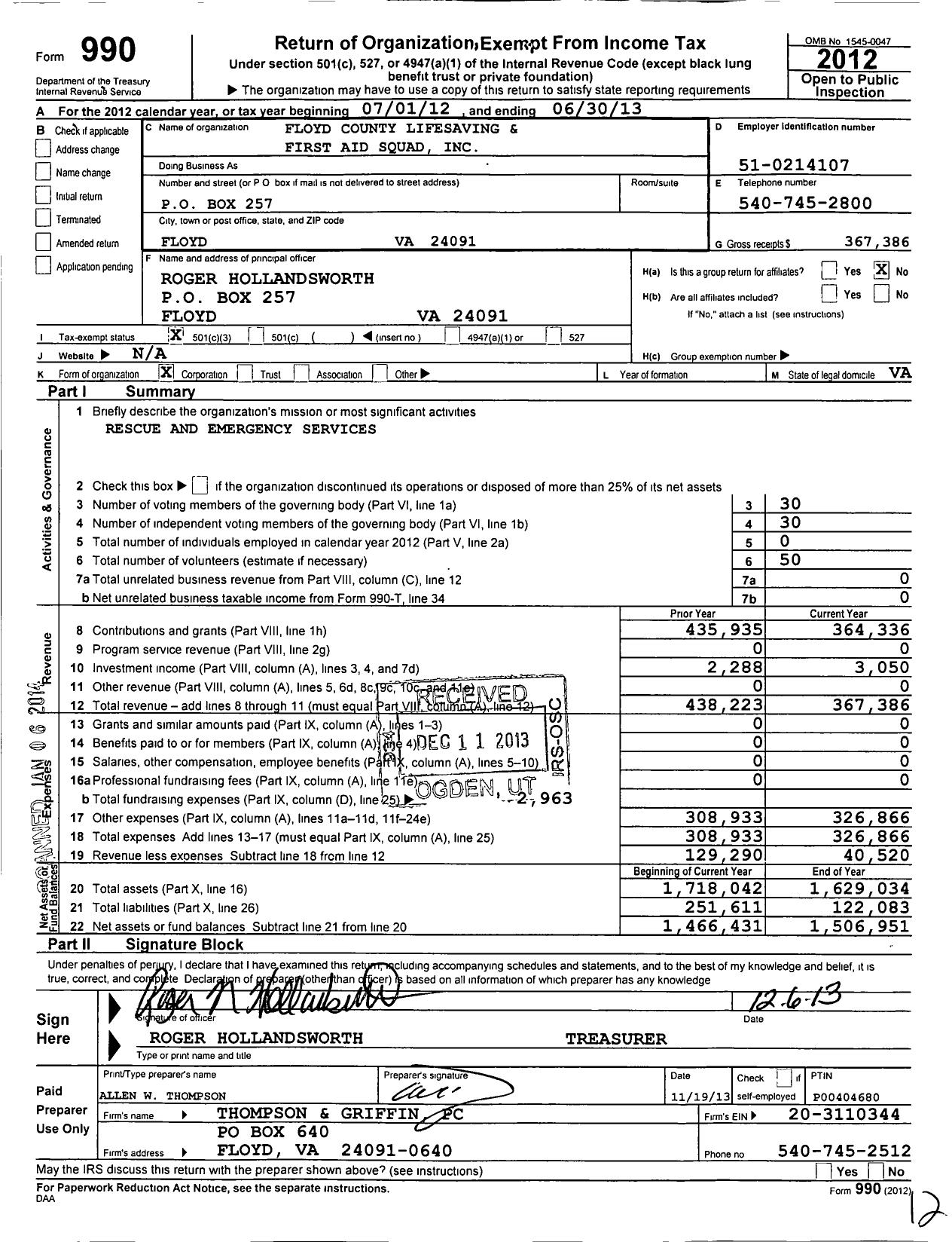 Image of first page of 2012 Form 990 for The Floyd County Life Saving and First Aid Squad Incorporated