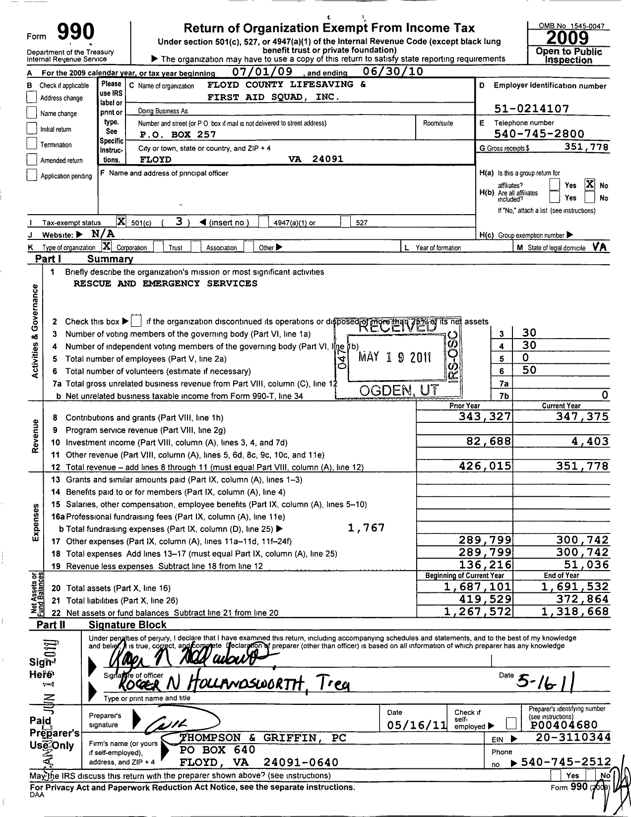 Image of first page of 2009 Form 990 for The Floyd County Life Saving and First Aid Squad Incorporated