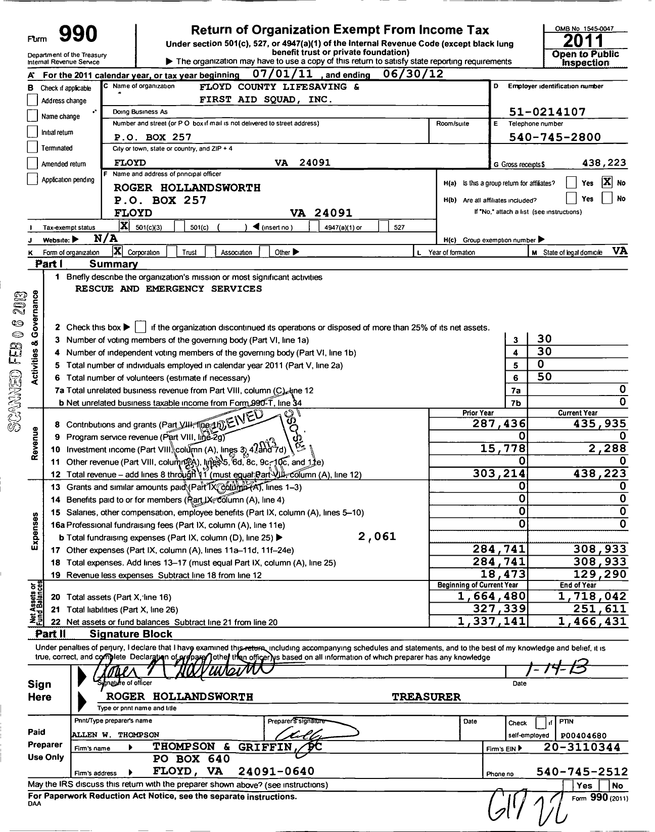 Image of first page of 2011 Form 990 for The Floyd County Life Saving and First Aid Squad Incorporated