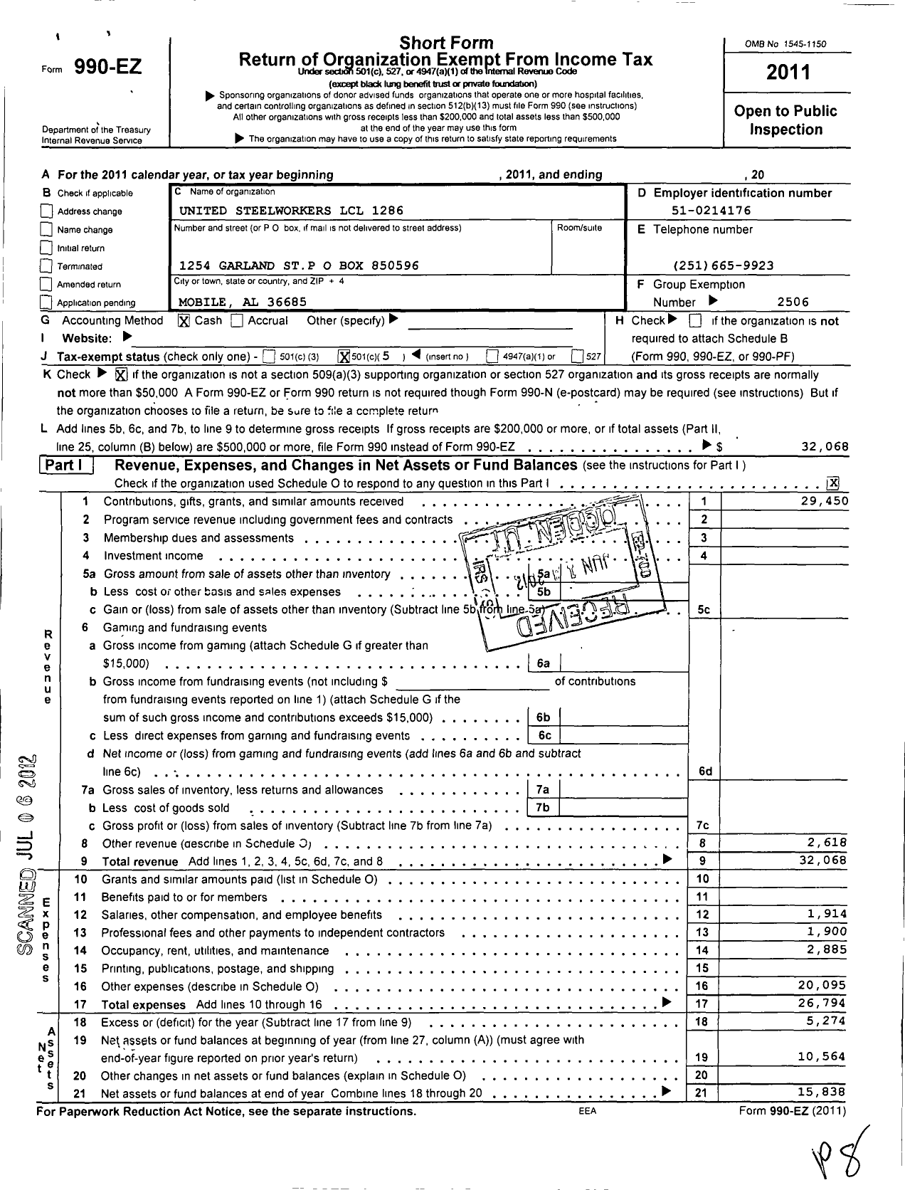 Image of first page of 2011 Form 990EO for United Steelworkers - 01286 Local