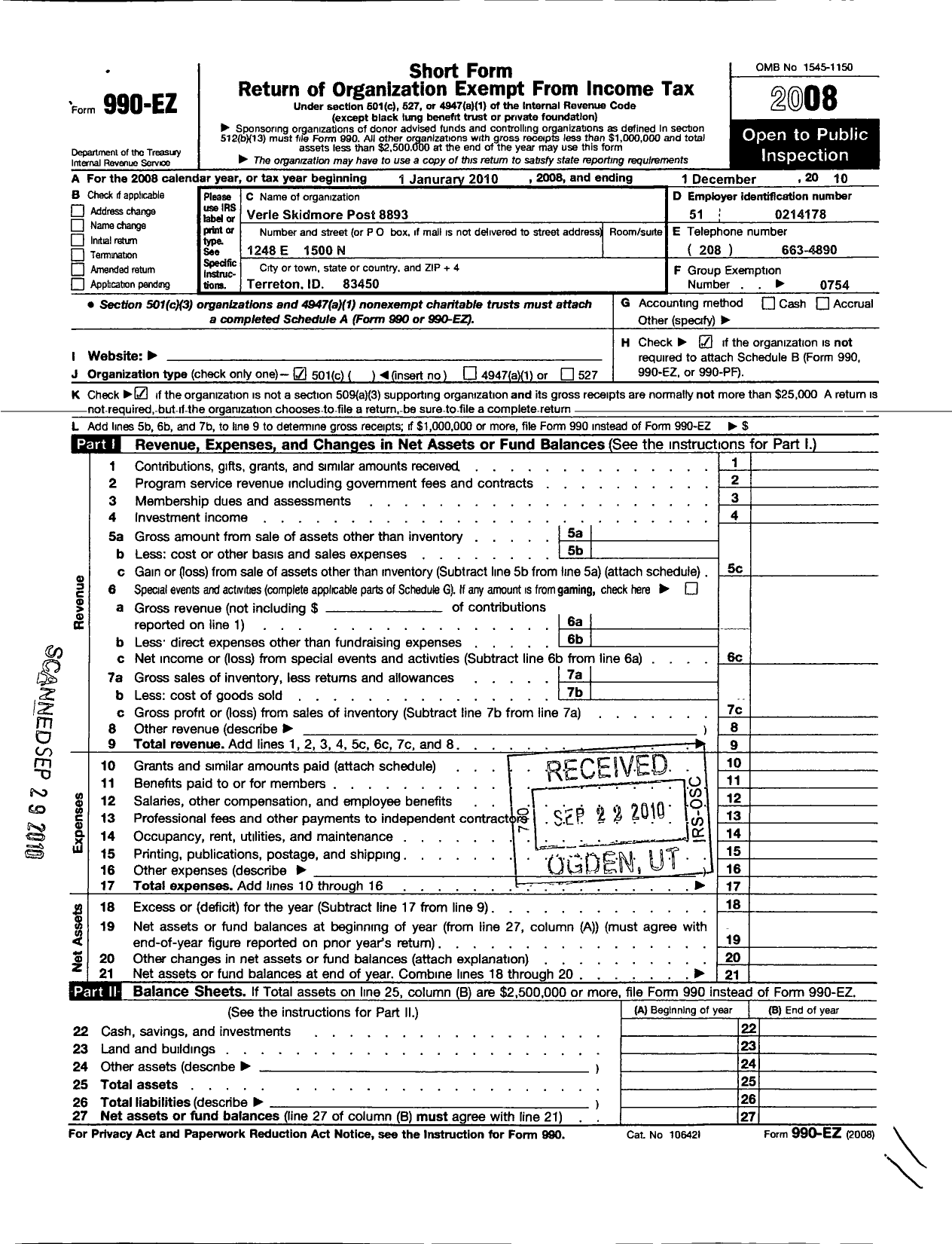 Image of first page of 2010 Form 990EO for Veterans of Foreign Wars of the United States Dept of Idaho - 8893 Verle Skidmore VFW Post