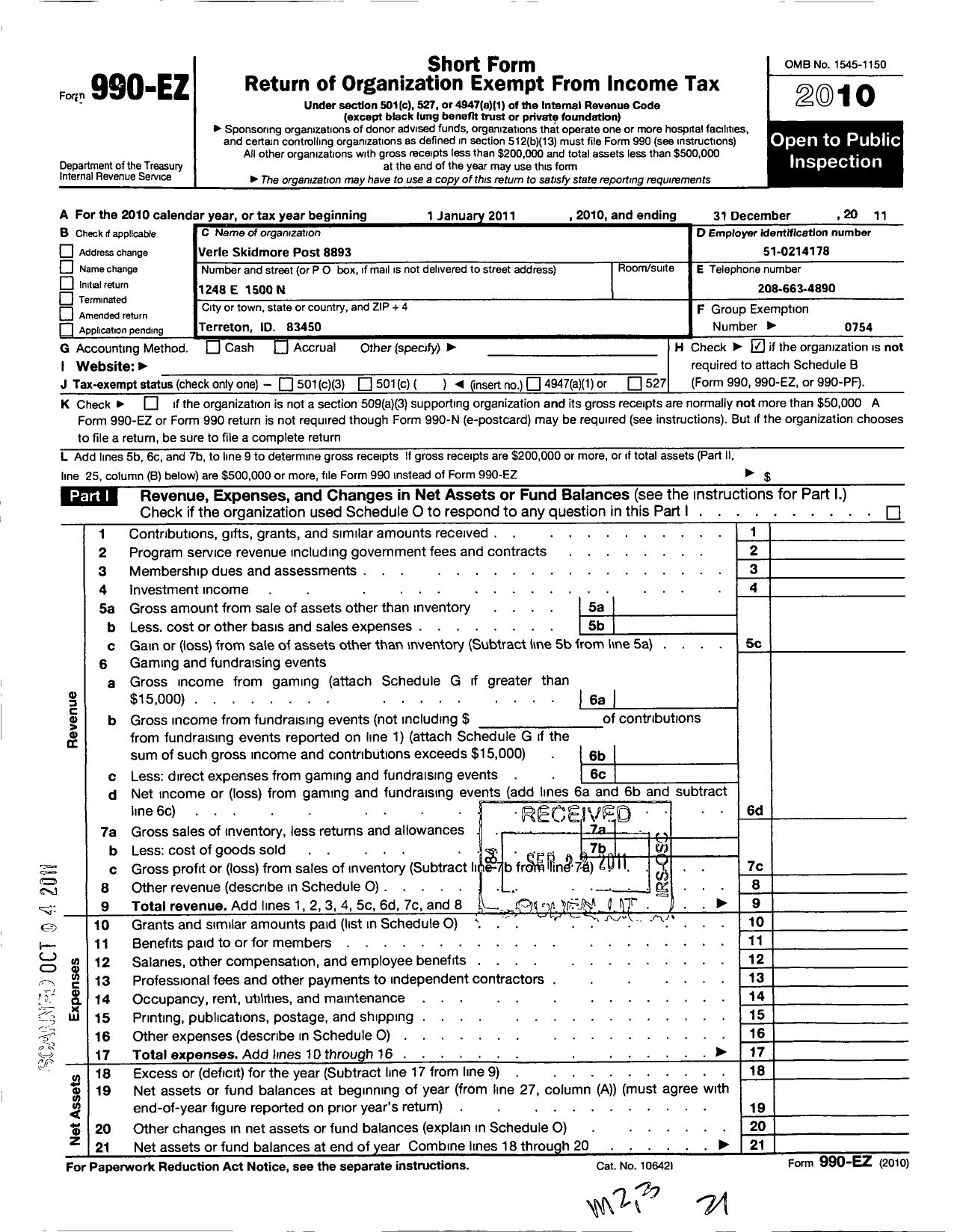 Image of first page of 2011 Form 990EO for Veterans of Foreign Wars of the United States Dept of Idaho - 8893 Verle Skidmore VFW Post