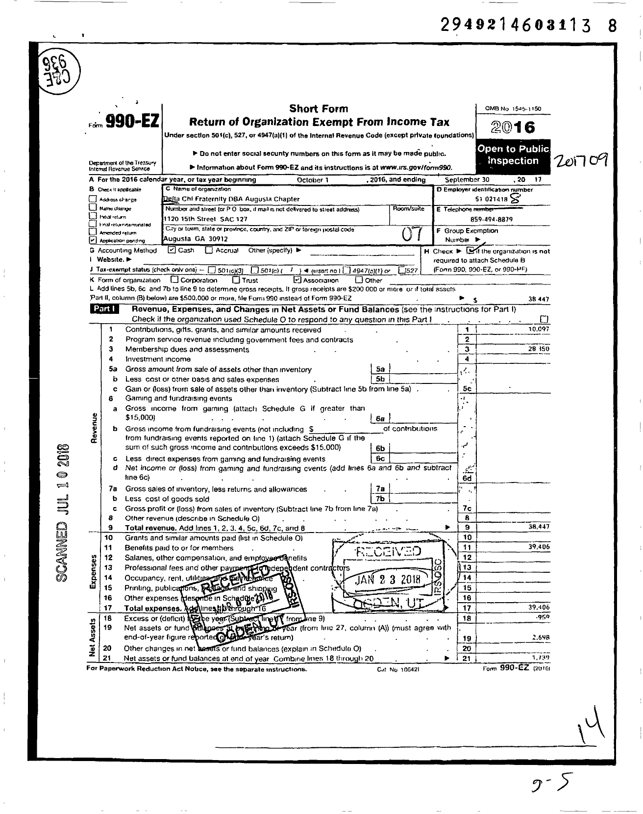 Image of first page of 2016 Form 990EO for Delta Chi Fraternity / Augusta Chapter