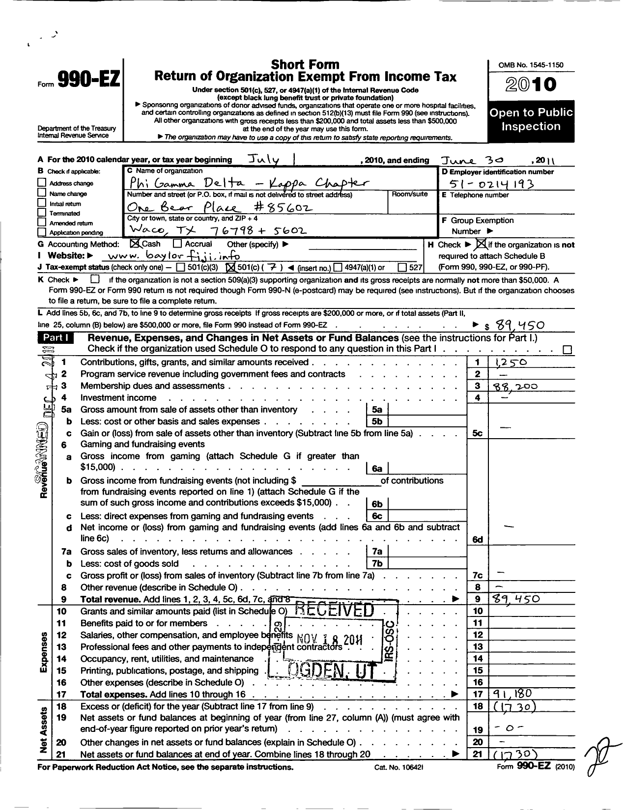 Image of first page of 2010 Form 990EO for Phi Gamma Delta Fraternity / Kappa Chapter