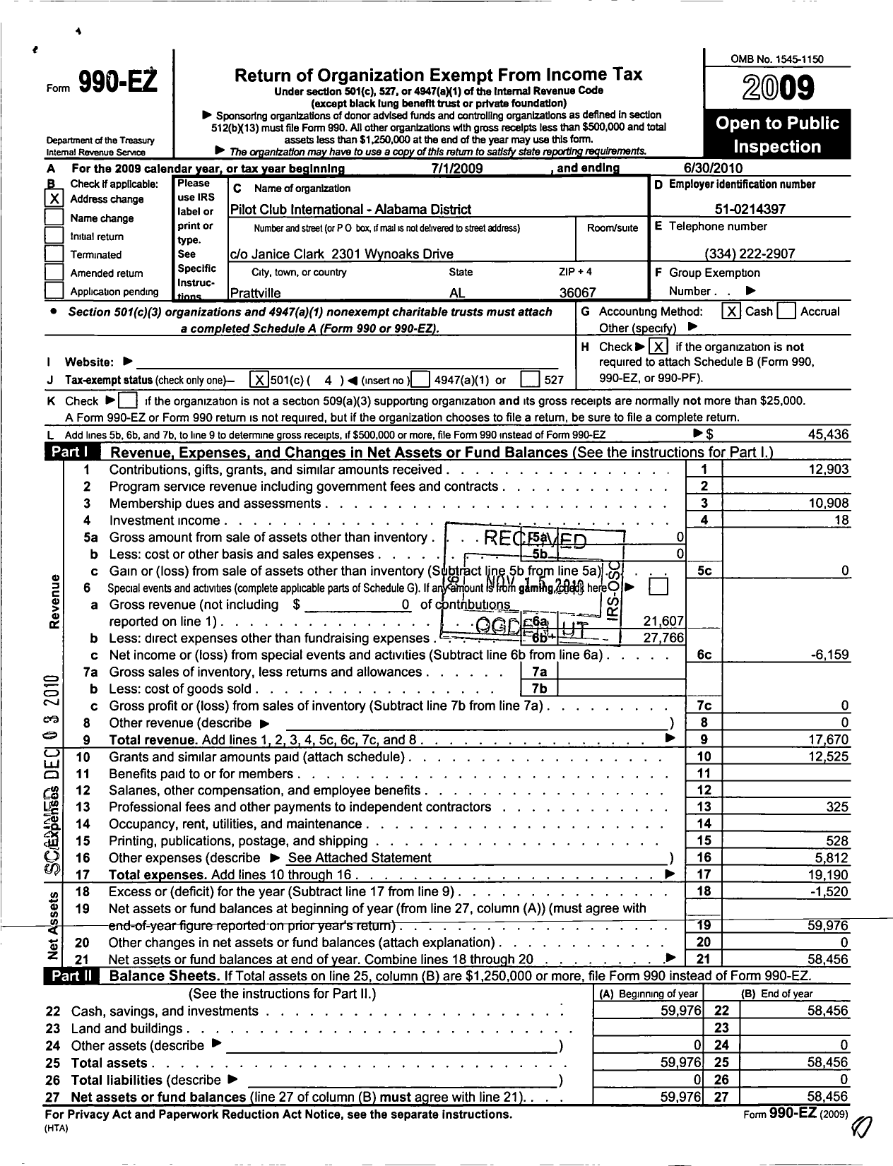 Image of first page of 2009 Form 990EO for Pilot Club Intl - AL District