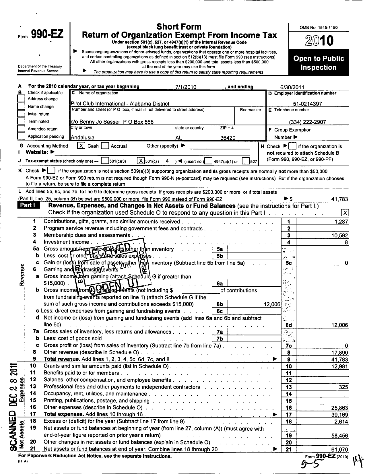 Image of first page of 2010 Form 990EO for Pilot Club Intl - AL District