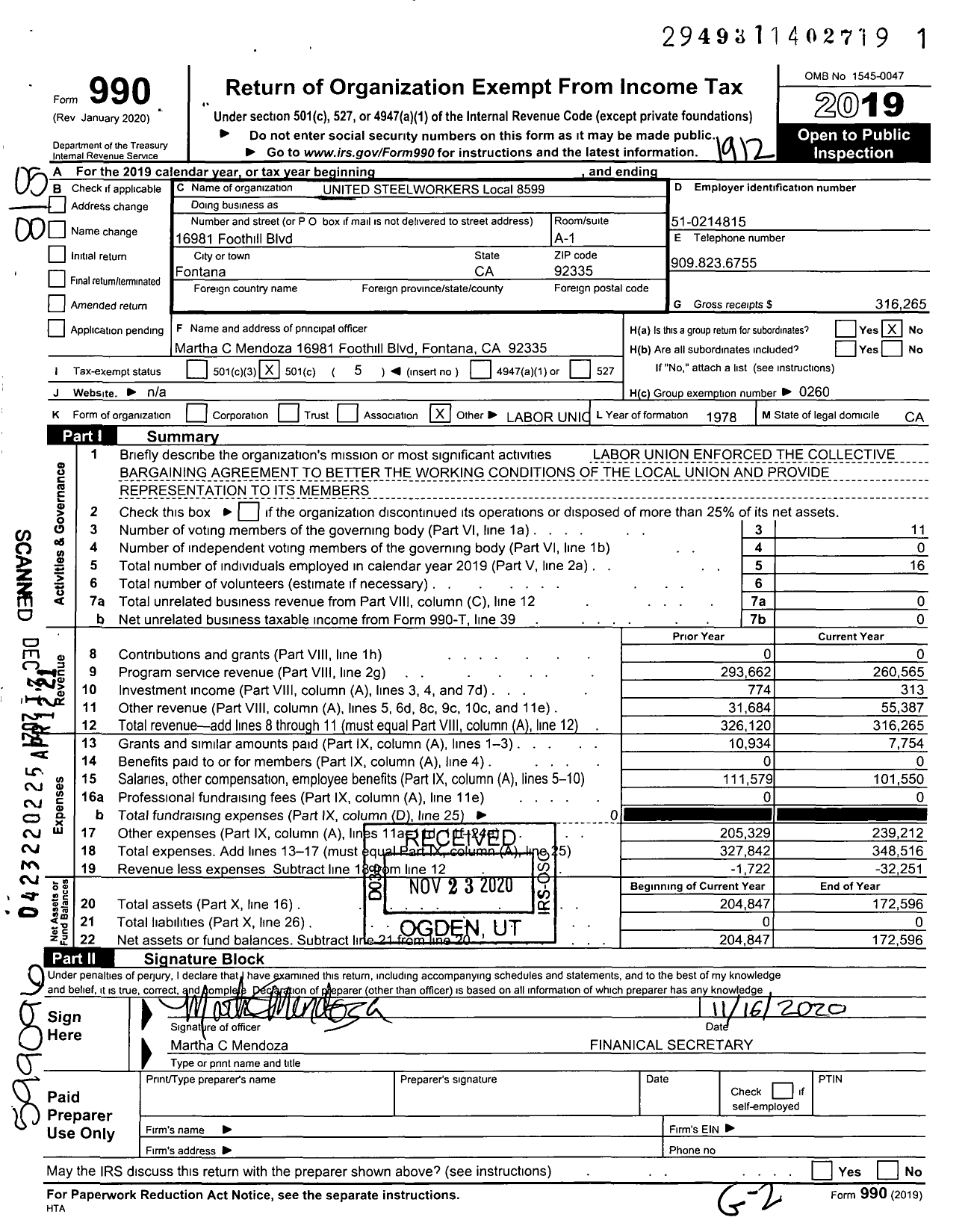 Image of first page of 2019 Form 990O for UNITED Steelworkers - 08599 Local