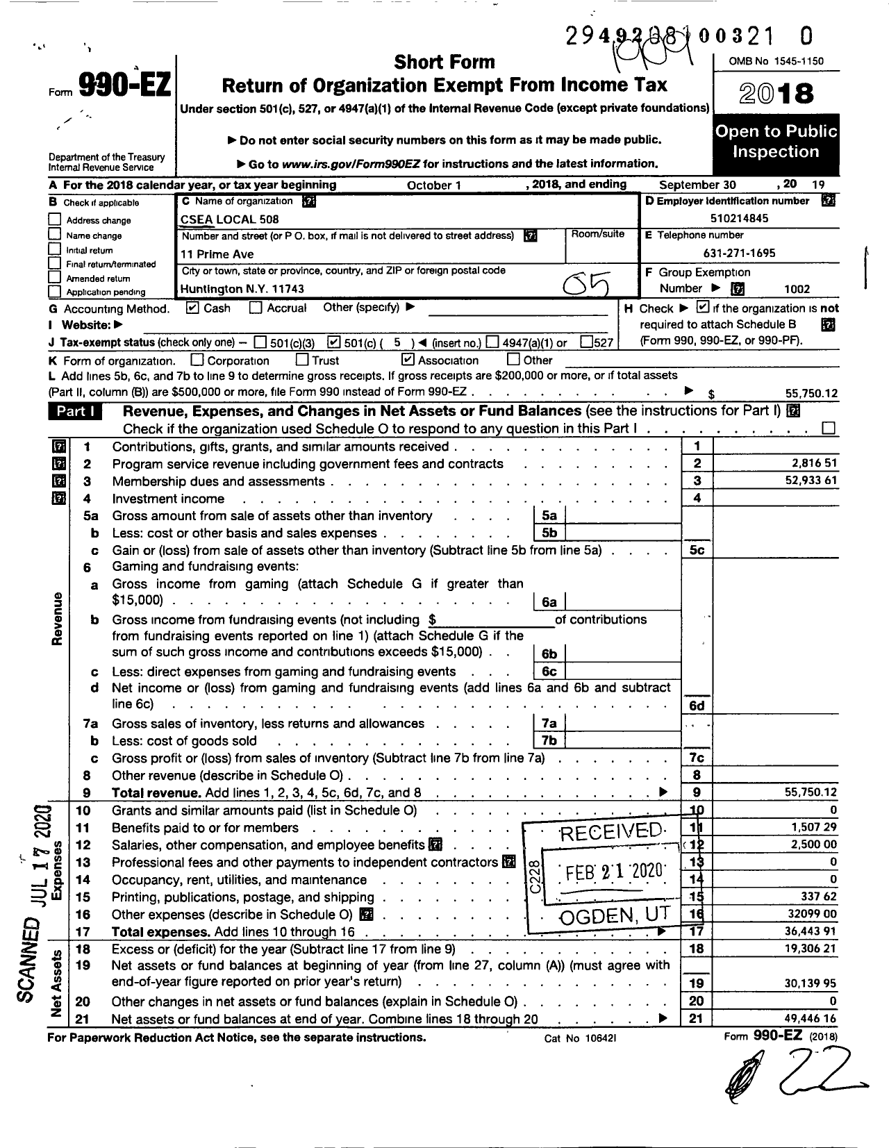 Image of first page of 2018 Form 990EO for Civil Service Employees Association - 0508 Region 10 Dot Babylon