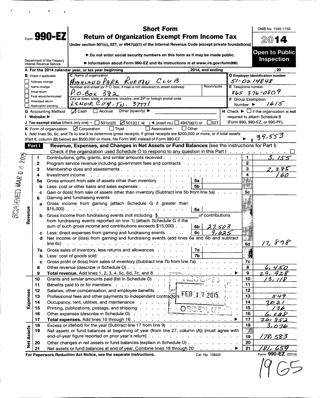 Image of first page of 2014 Form 990EO for Ruritan - Highland Park