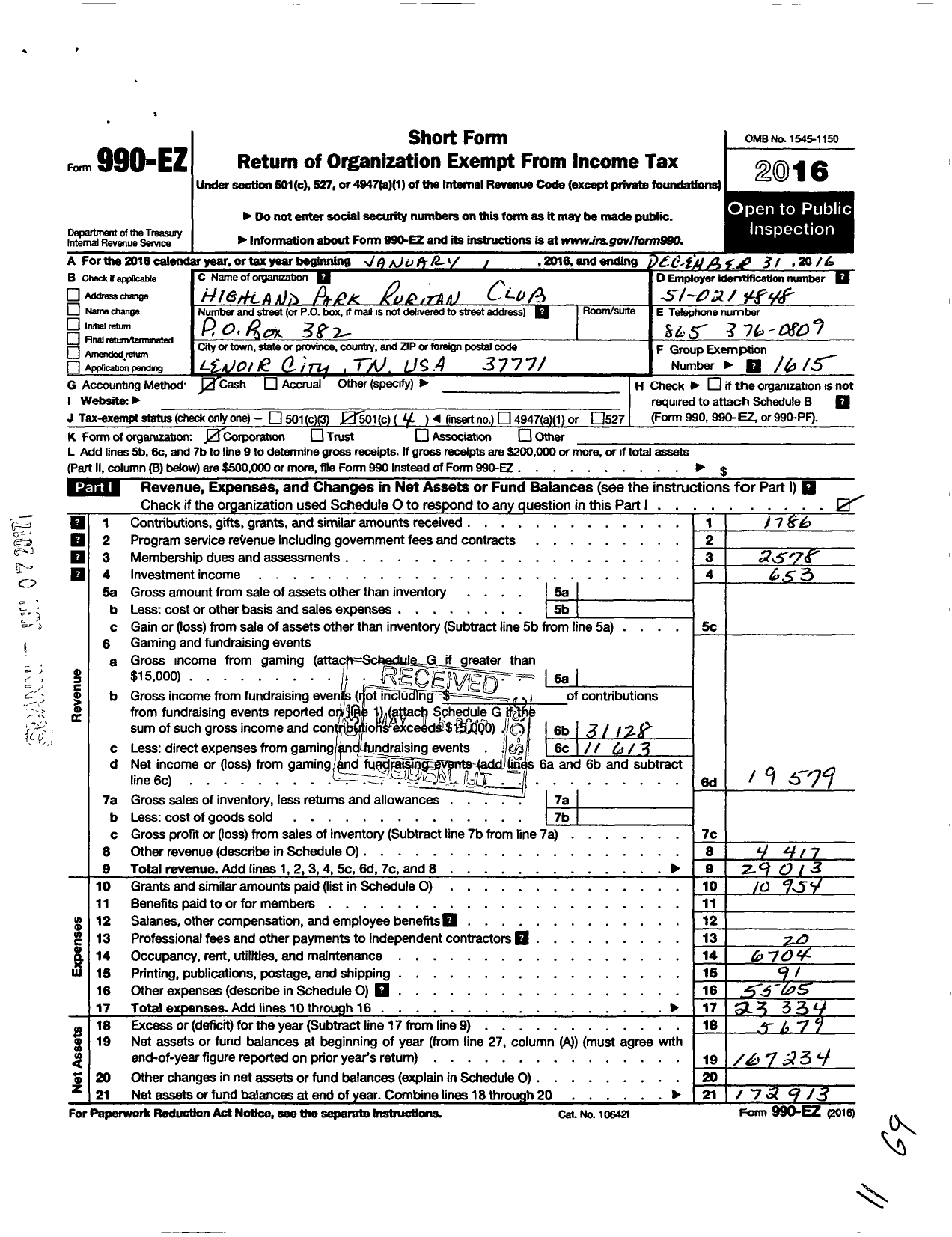 Image of first page of 2016 Form 990EO for Ruritan - Highland Park