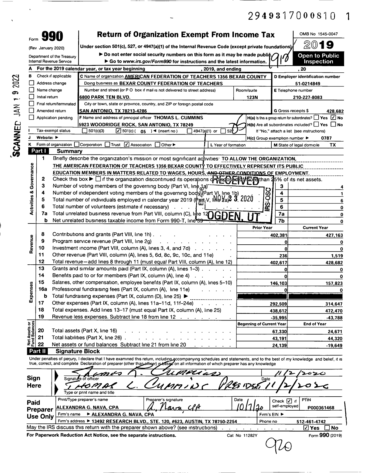 Image of first page of 2019 Form 990O for American Federation of Teachers - American Federation of Teachers 1356 Bexar County