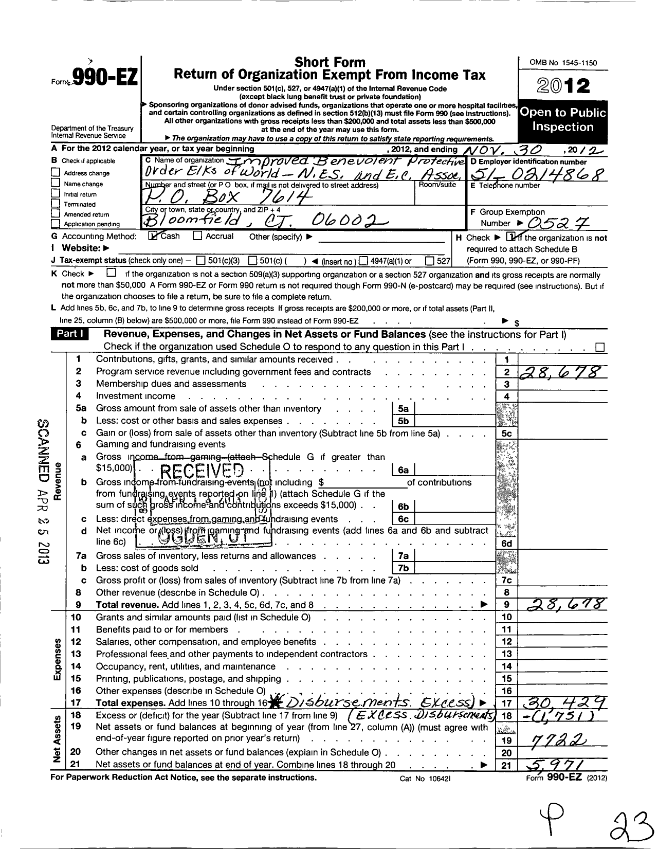 Image of first page of 2011 Form 990EO for Improved Benevolent and Protective Order of Elks of the World - Ne STS & E Cananda