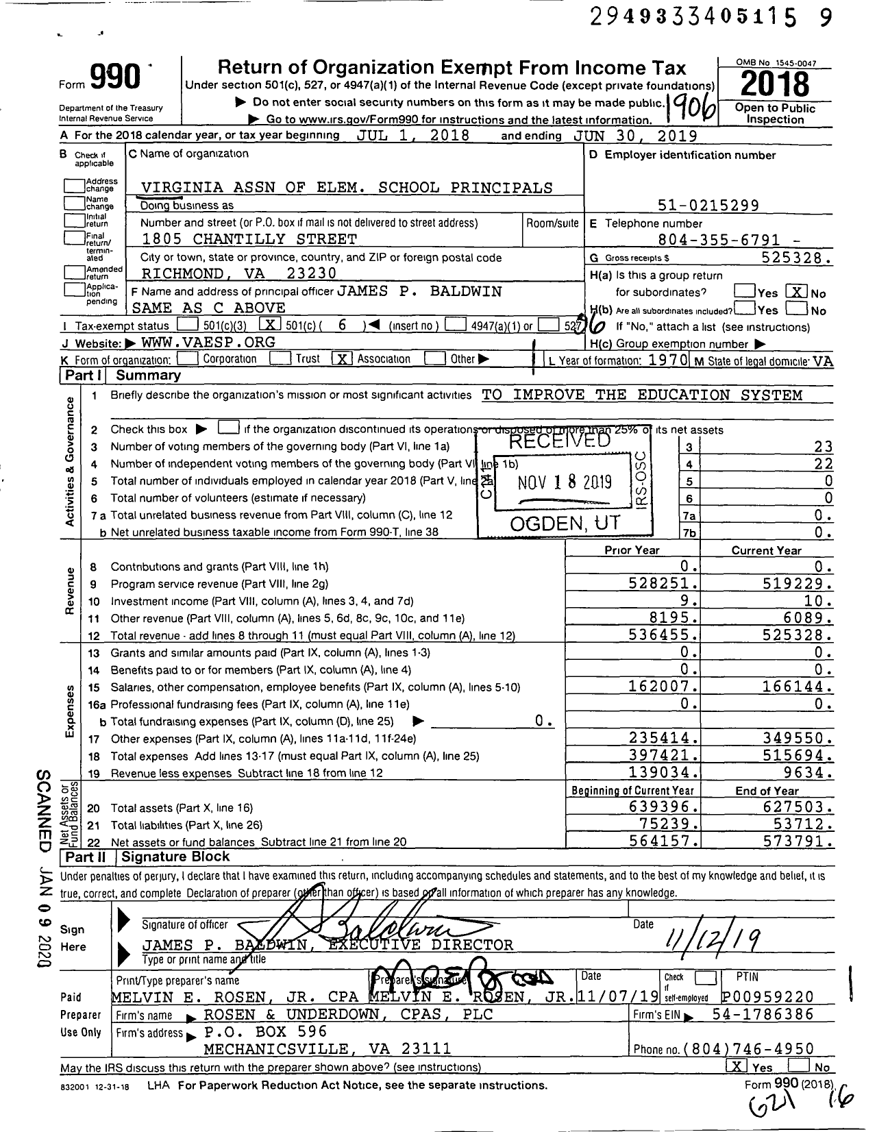 Image of first page of 2018 Form 990O for Virginia Association of Elem School Principals