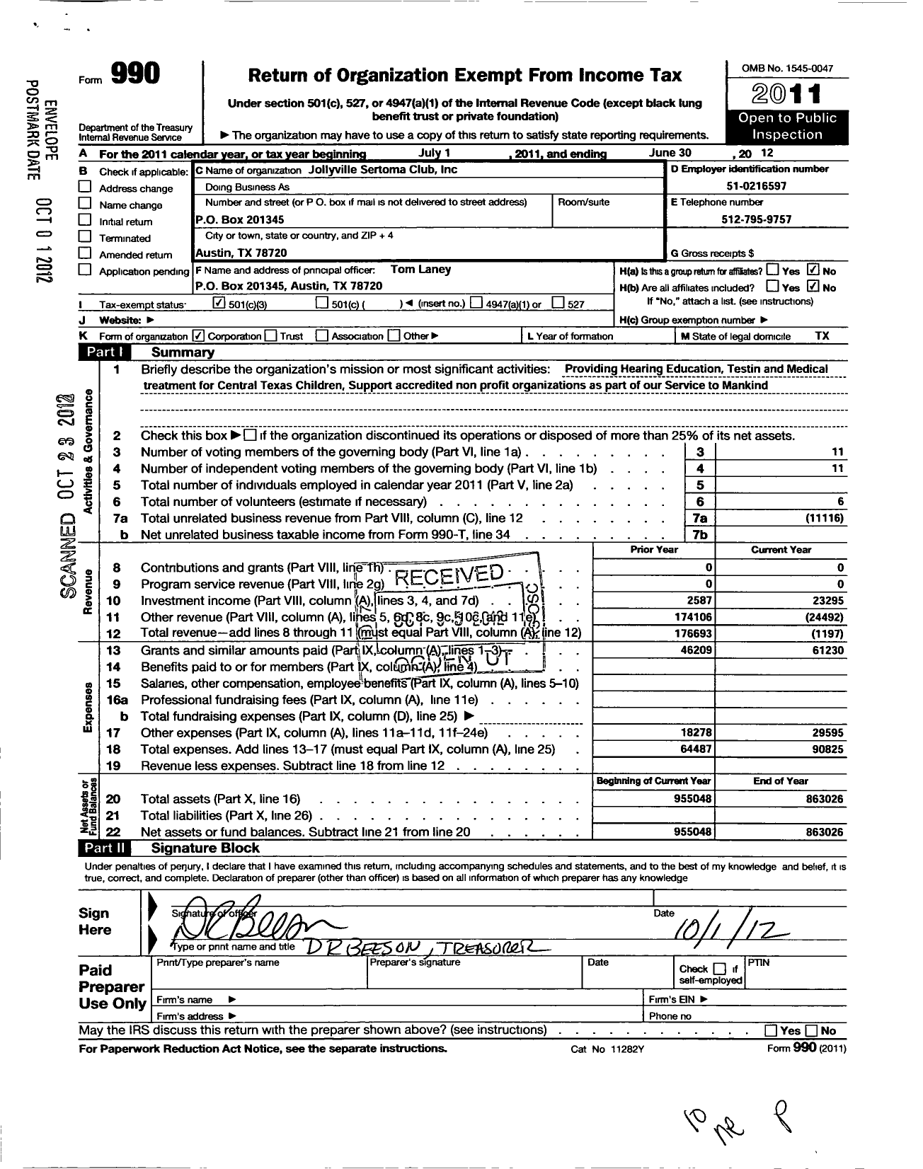 Image of first page of 2011 Form 990 for Sertoma - 10915 Jollyville Sertoma Club