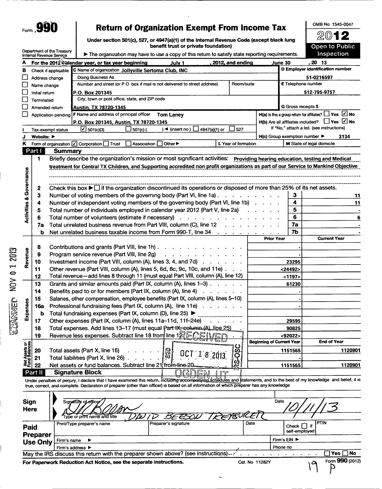 Image of first page of 2012 Form 990 for Sertoma - 10915 Jollyville Sertoma Club