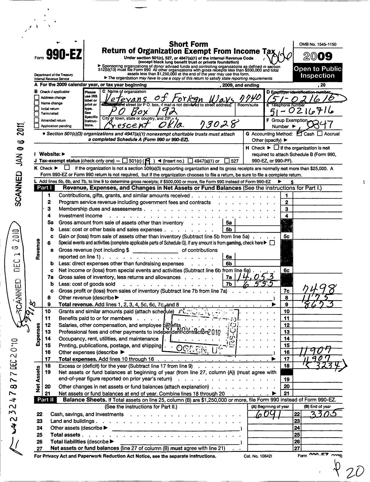 Image of first page of 2009 Form 990EO for Lloyd R Payne Post No 7740 Veterans of Foreign Wars of the Us