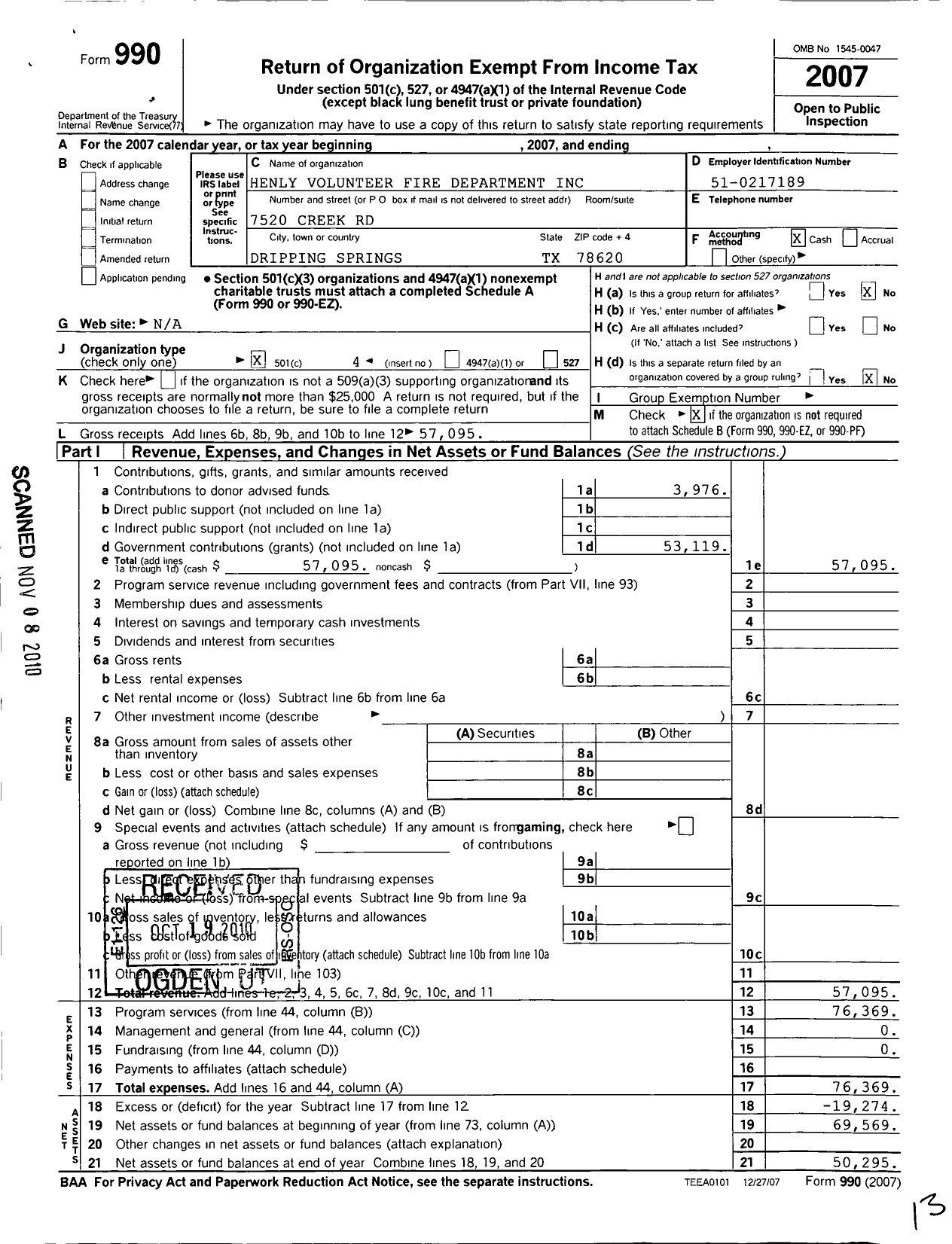 Image of first page of 2007 Form 990O for Henly Volunteer Fire Department Incorporated