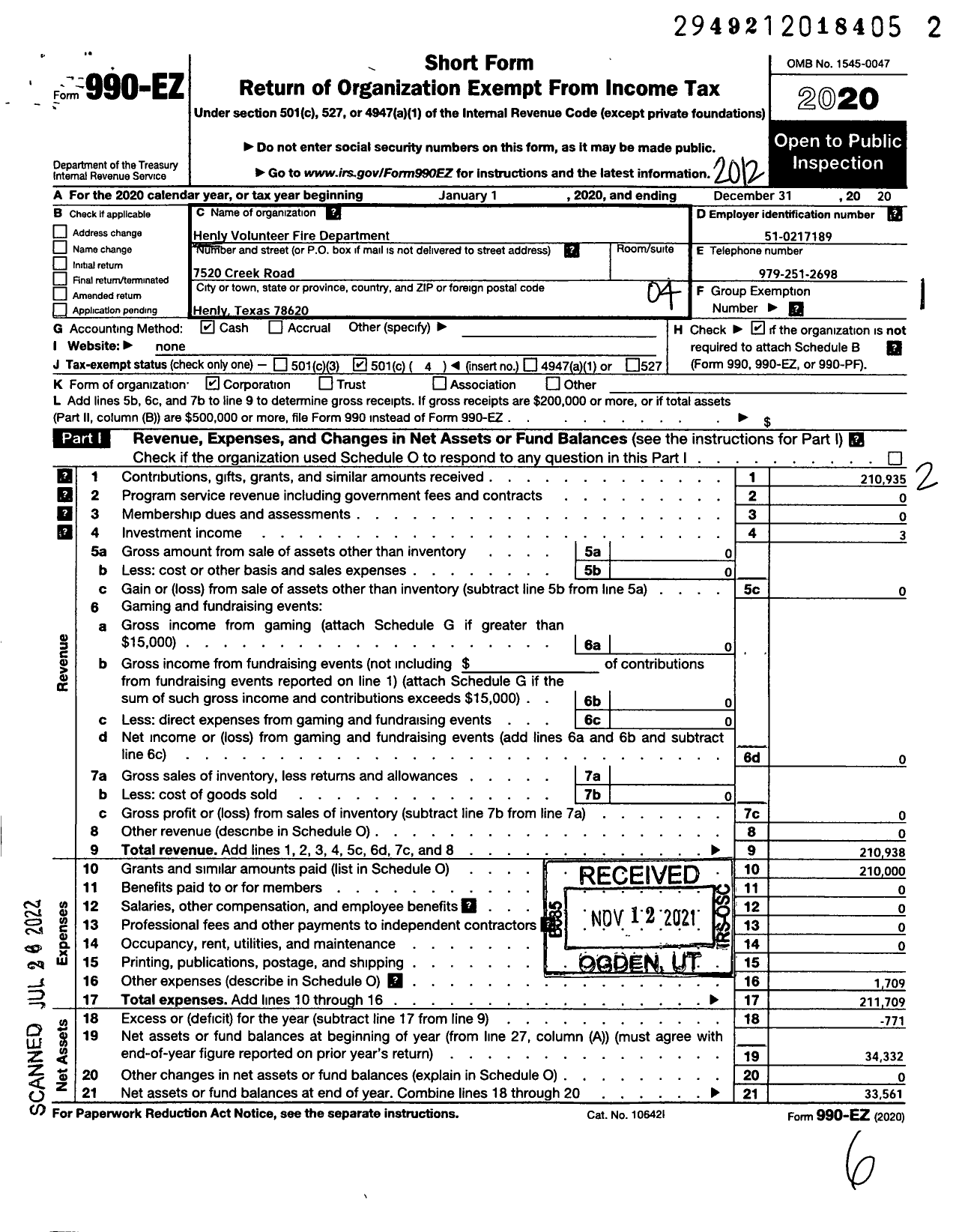 Image of first page of 2020 Form 990EO for Henly Volunteer Fire Department Incorporated