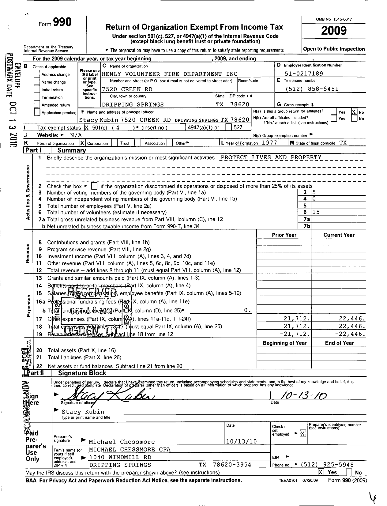 Image of first page of 2009 Form 990O for Henly Volunteer Fire Department Incorporated