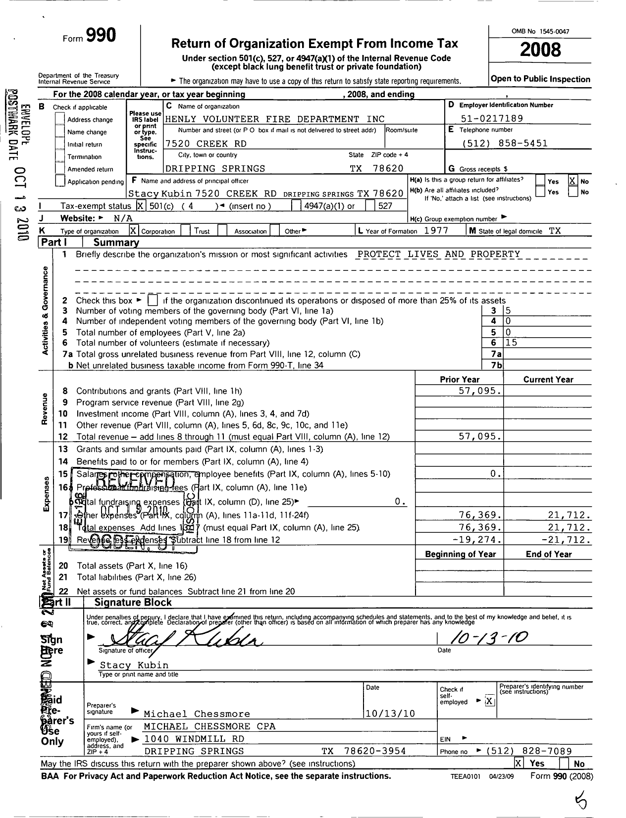 Image of first page of 2008 Form 990O for Henly Volunteer Fire Department Incorporated