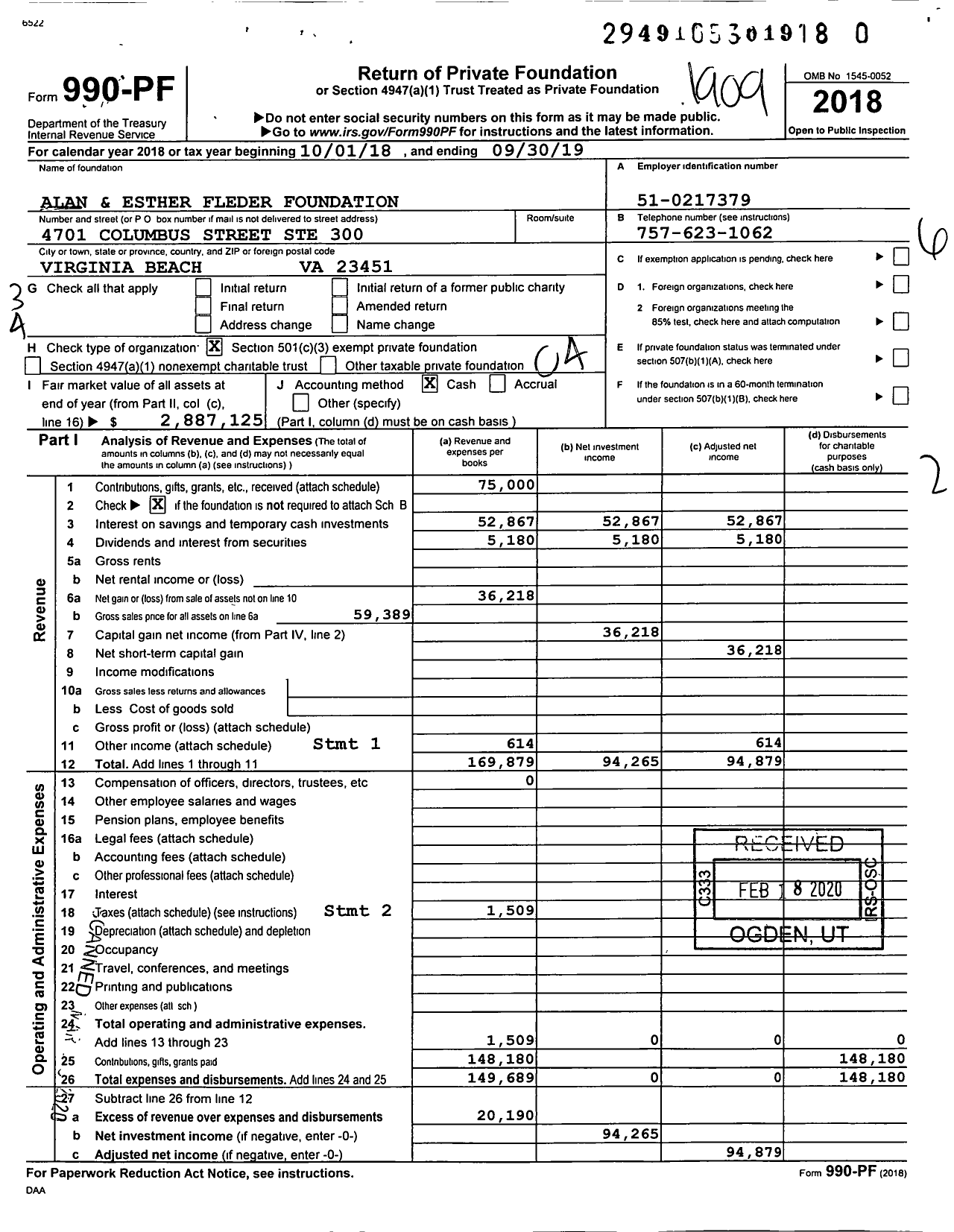 Image of first page of 2018 Form 990PR for Alan and Esther Fleder Foundation