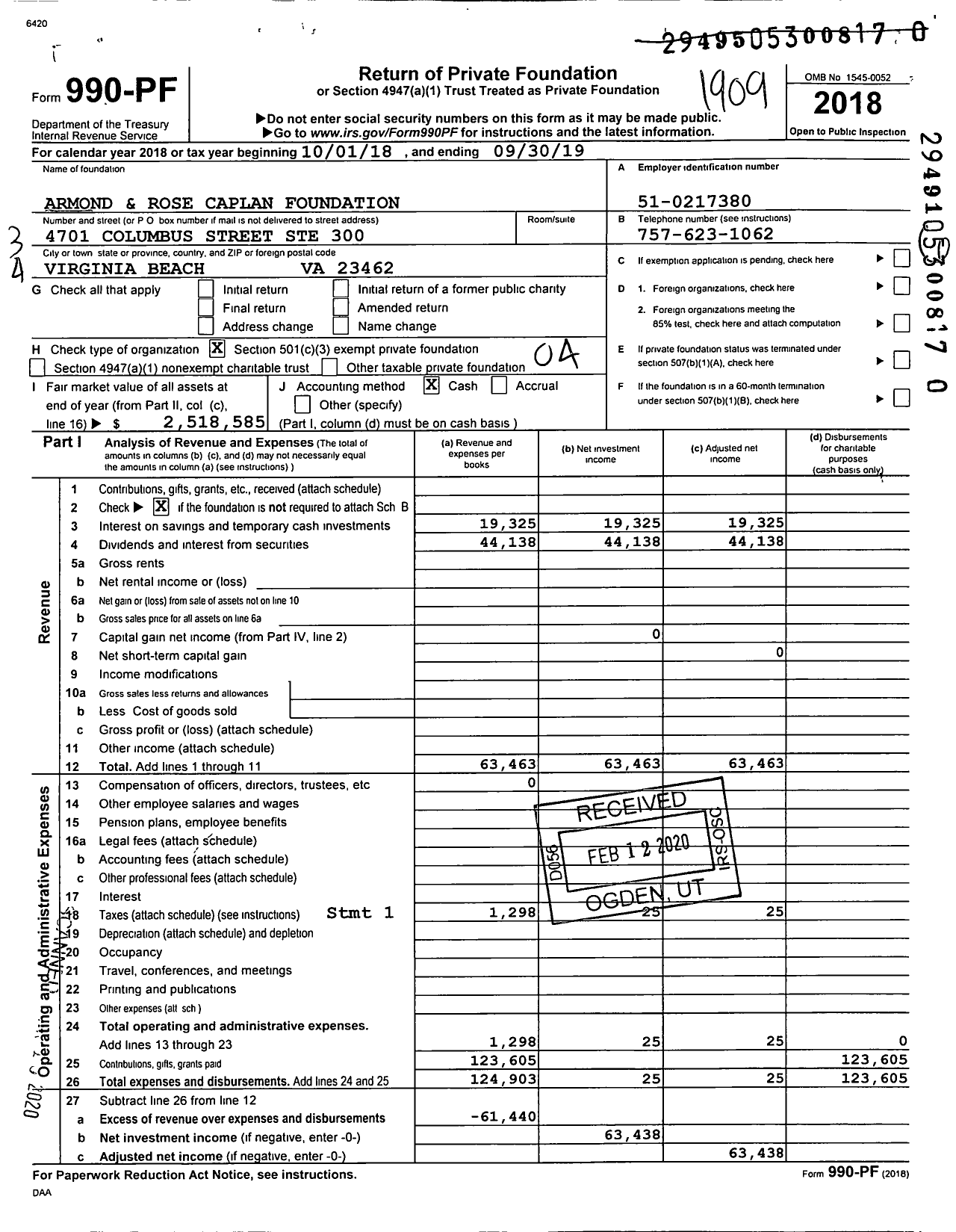 Image of first page of 2018 Form 990PR for Armond and Rose Caplan Foundation