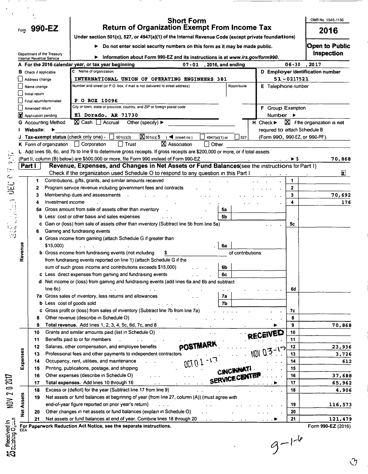 Image of first page of 2016 Form 990EO for International Union of Operating Engineers Local 381