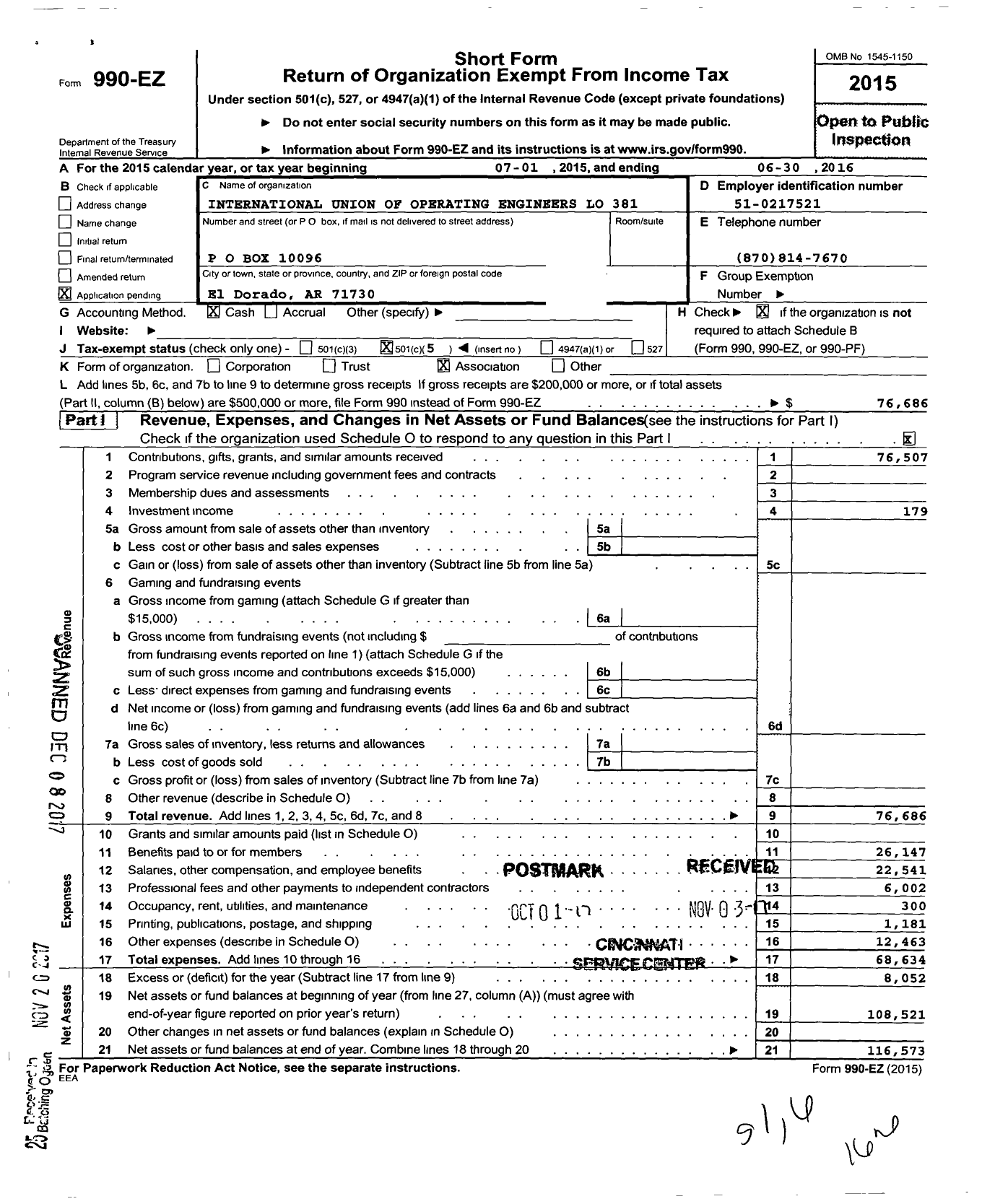 Image of first page of 2015 Form 990EO for International Union of Operating Engineers Local 381