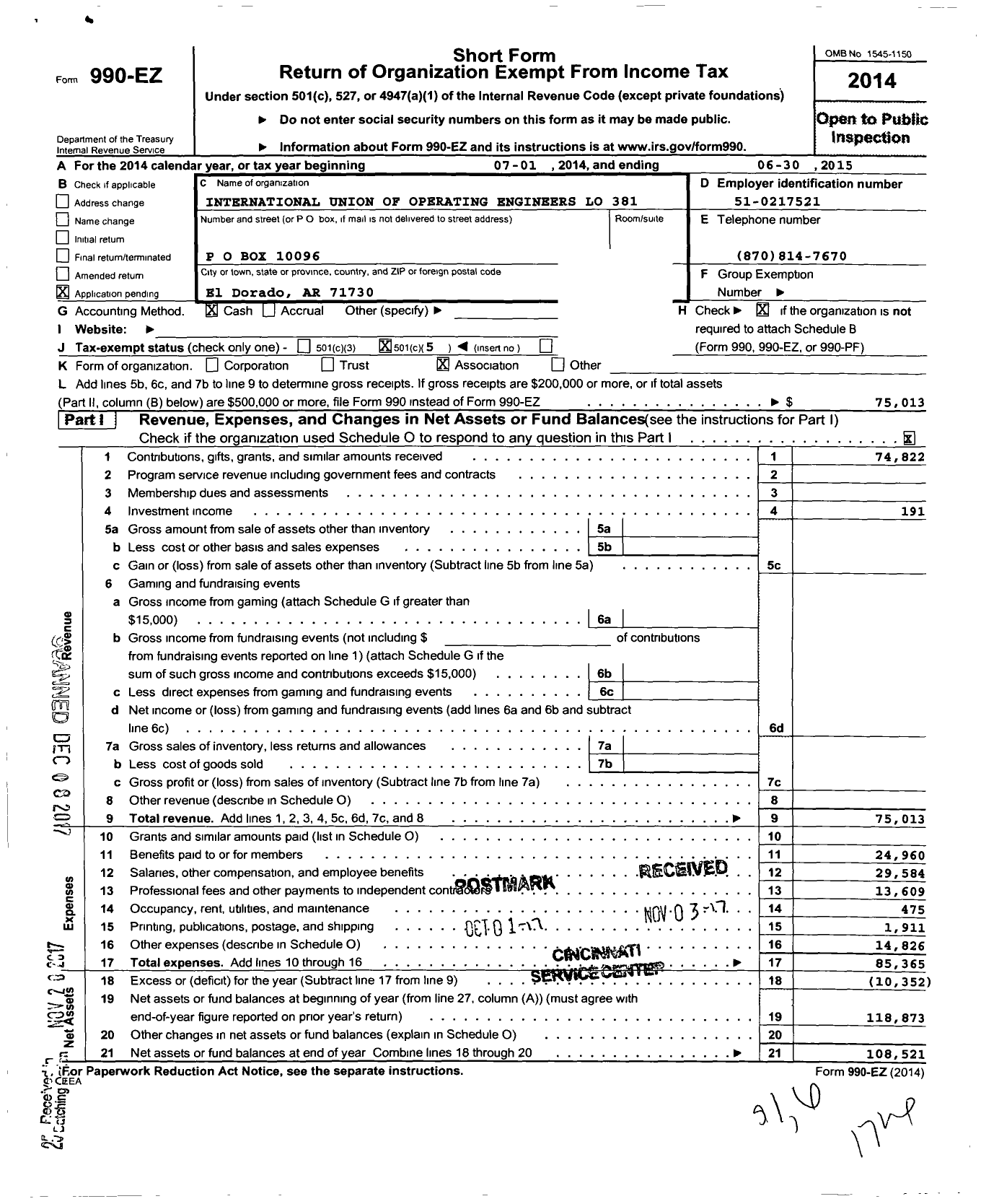 Image of first page of 2014 Form 990EO for International Union of Operating Engineers Local 381