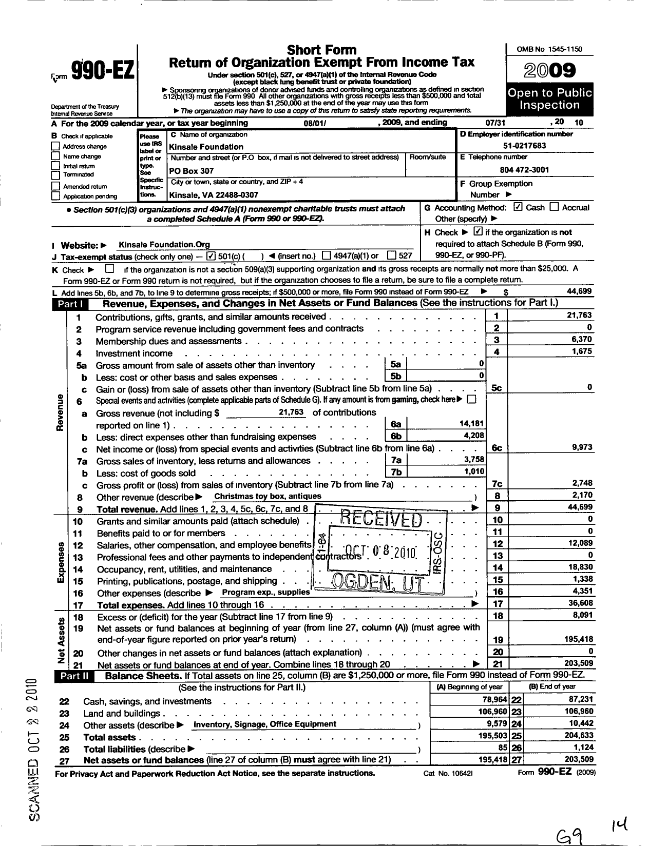 Image of first page of 2009 Form 990EO for The Kinsale Foundation