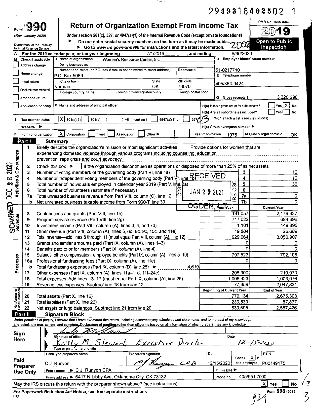 Image of first page of 2019 Form 990 for Women's Resource Center