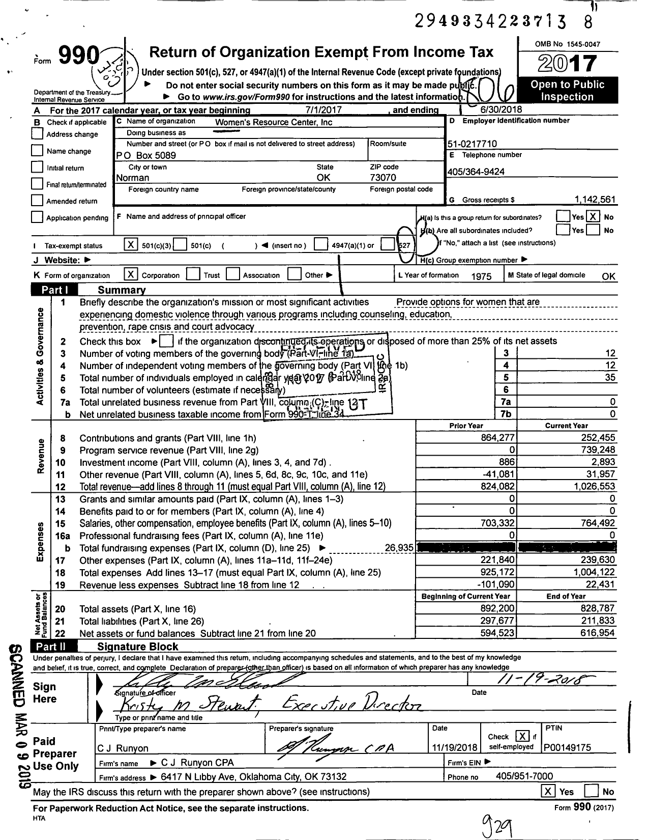 Image of first page of 2017 Form 990 for Women's Resource Center