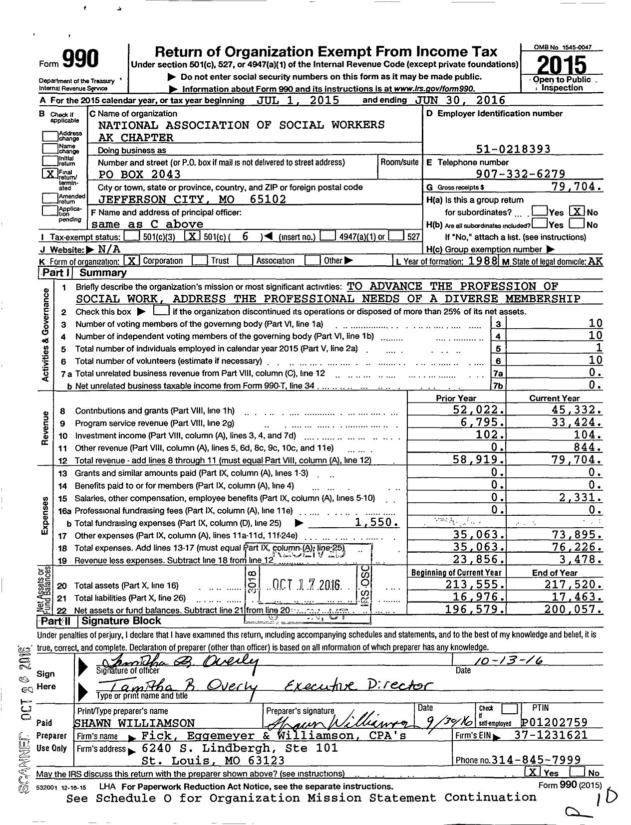 Image of first page of 2015 Form 990O for National Association of Social Workers - Alaska Chapter