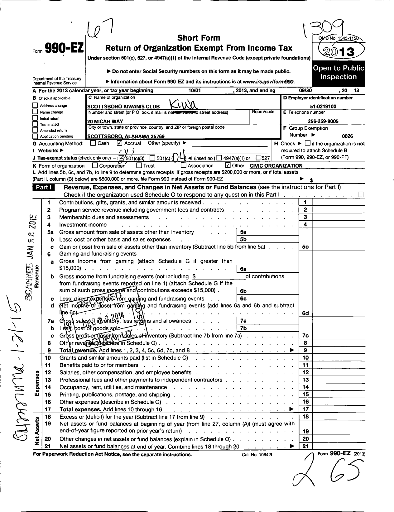 Image of first page of 2012 Form 990EO for Kiwanis International - K08594 Scottsboro