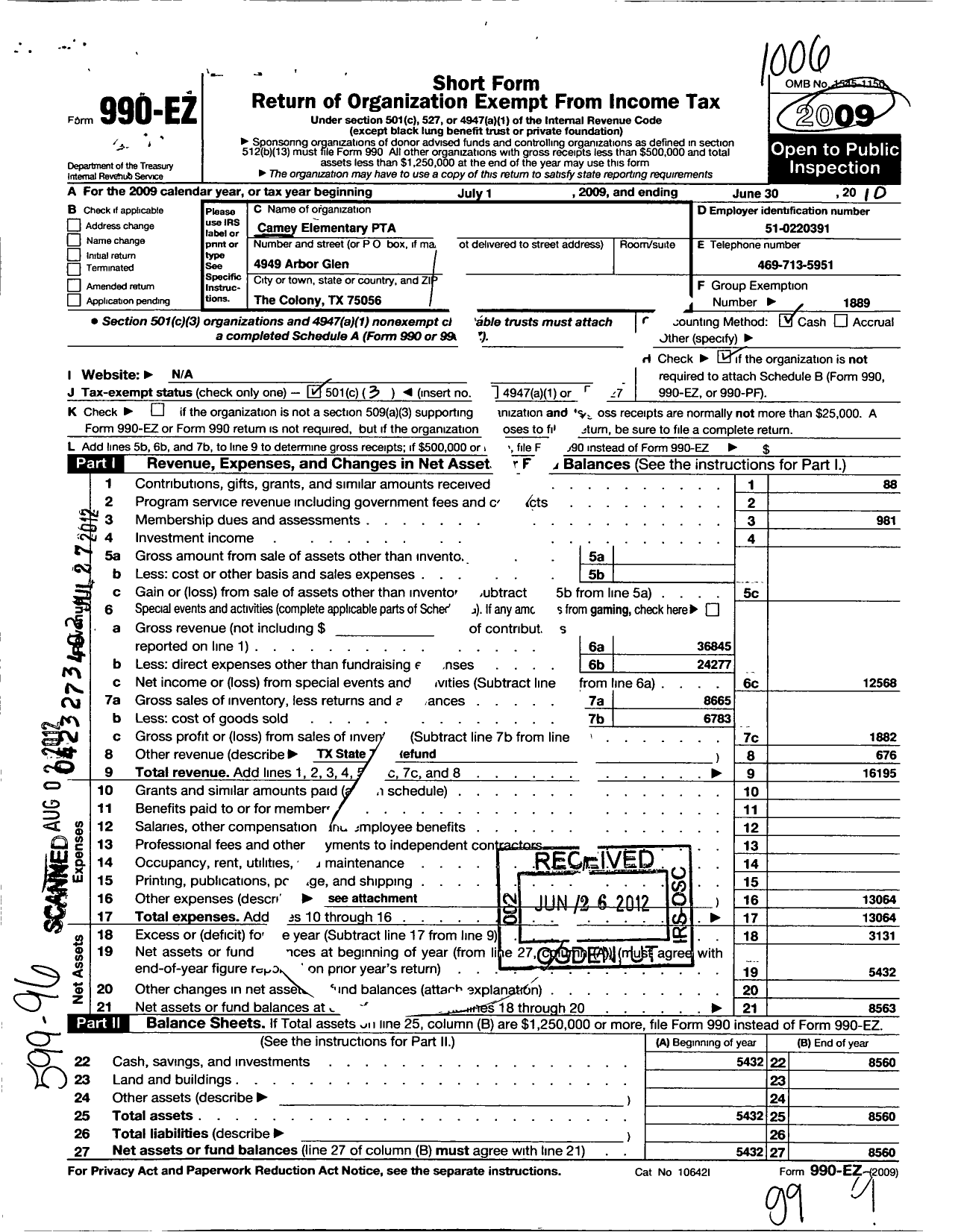 Image of first page of 2009 Form 990EZ for Texas PTA - 6082 Camey Elementary