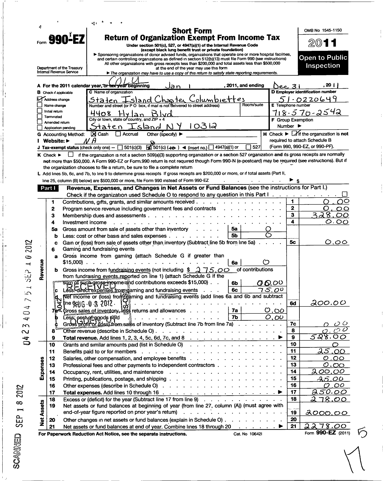 Image of first page of 2011 Form 990EO for Columbiettes - Staten Island Chapter-Ny