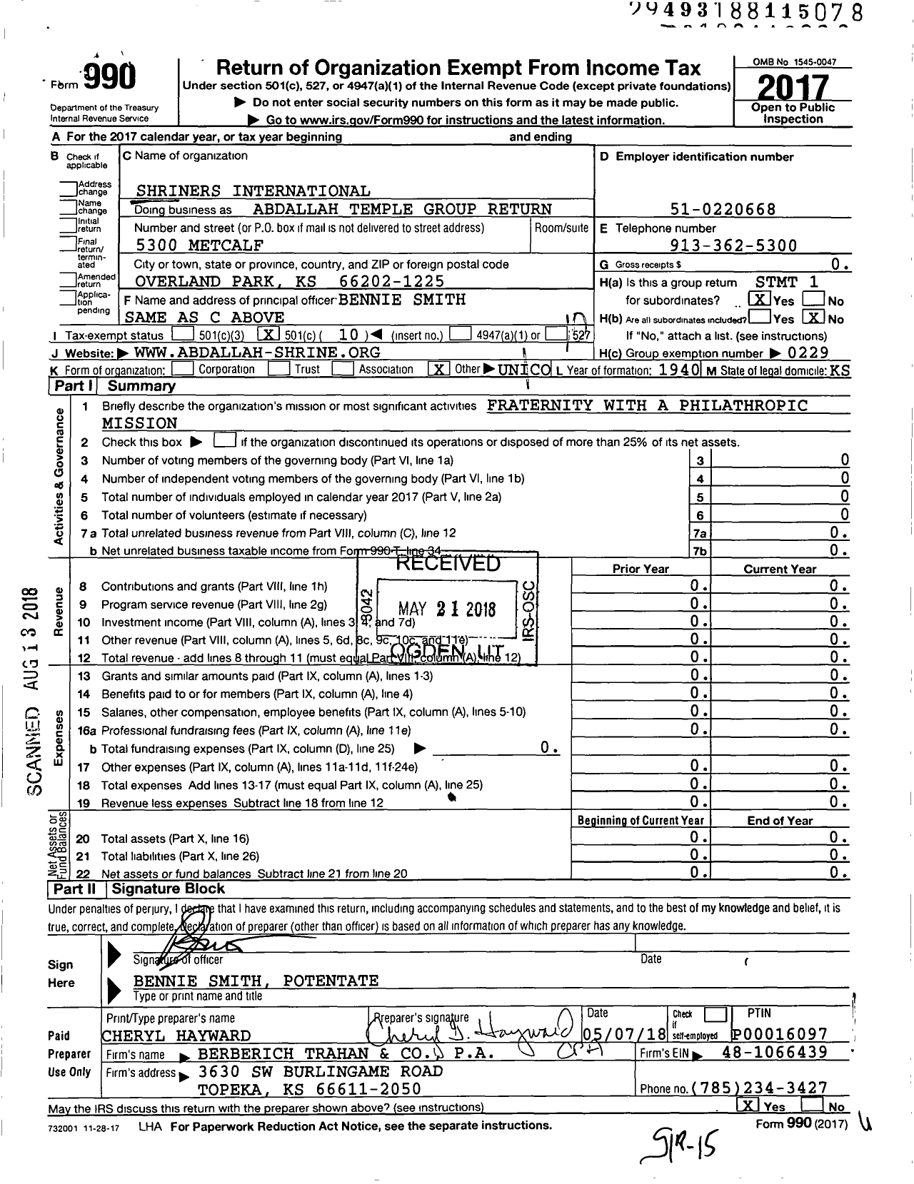 Image of first page of 2017 Form 990O for Shriners International - Abdallah Temple Group