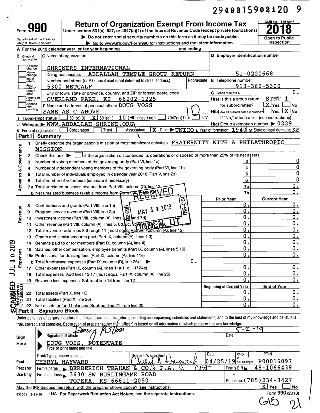 Image of first page of 2018 Form 990O for Shriners International - Abdallah Temple Group