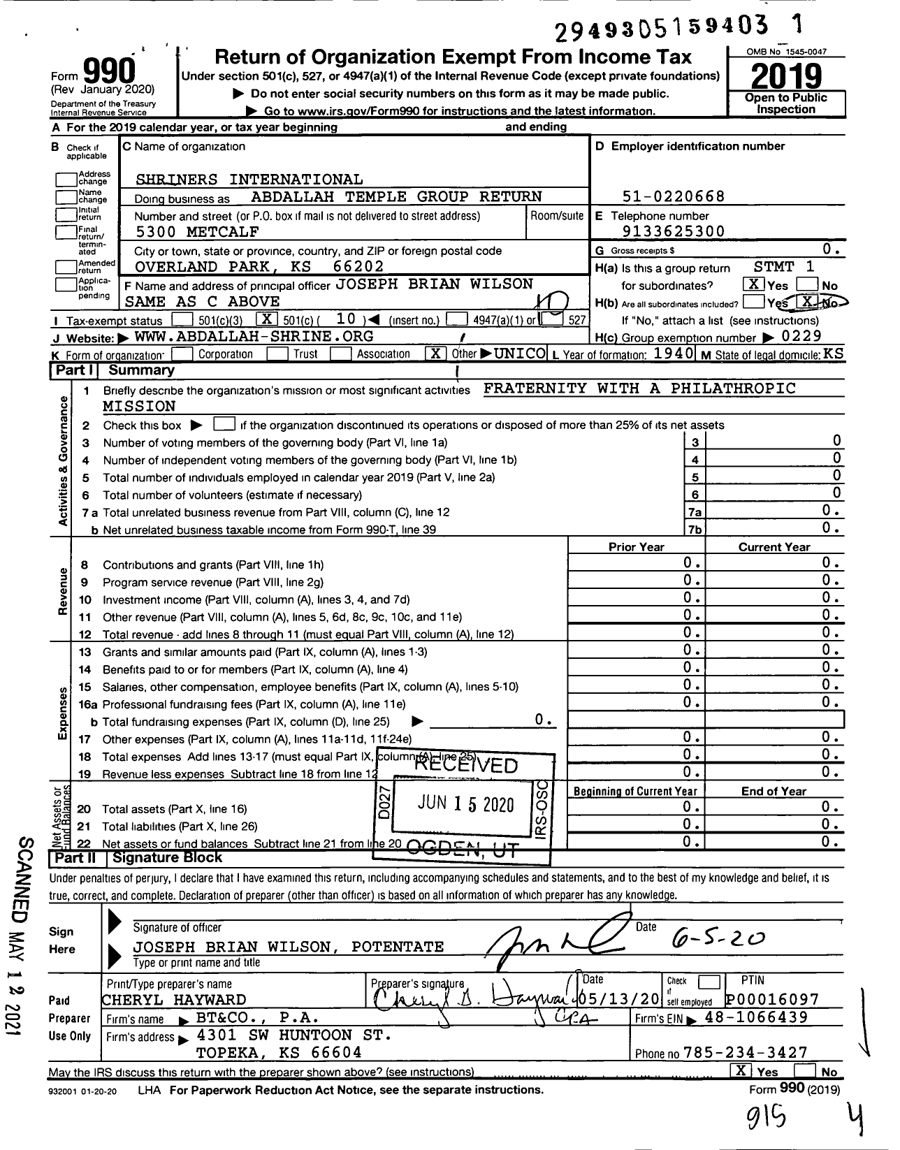 Image of first page of 2019 Form 990O for Shriners International - Abdallah Temple Group