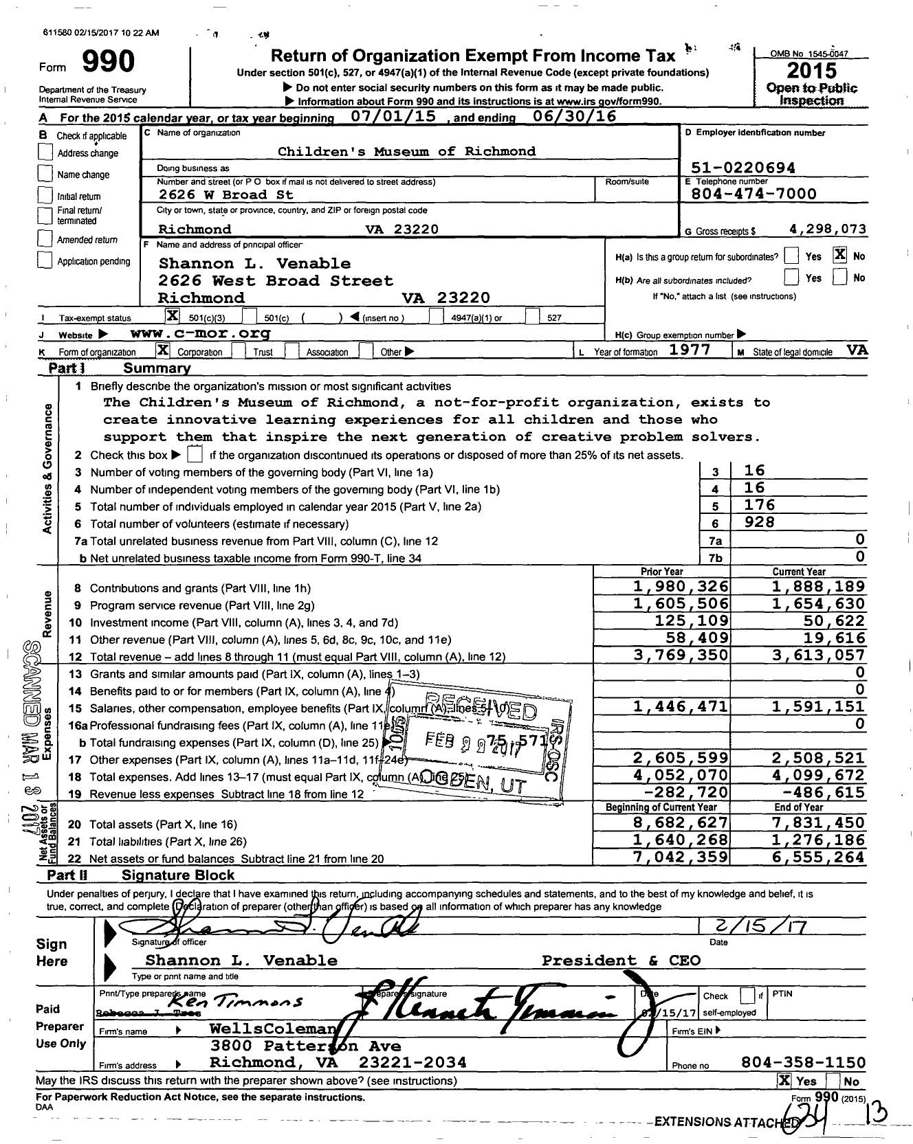 Image of first page of 2015 Form 990 for Children's Museum of Richmond