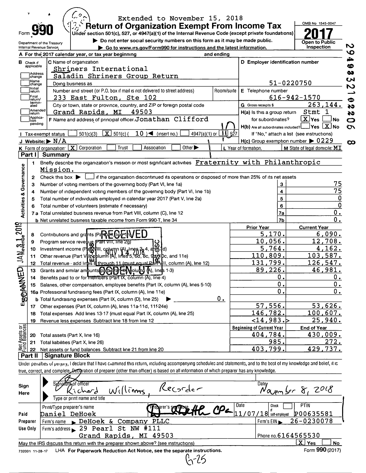 Image of first page of 2017 Form 990O for Shriners International Saladin Shriners Group Return