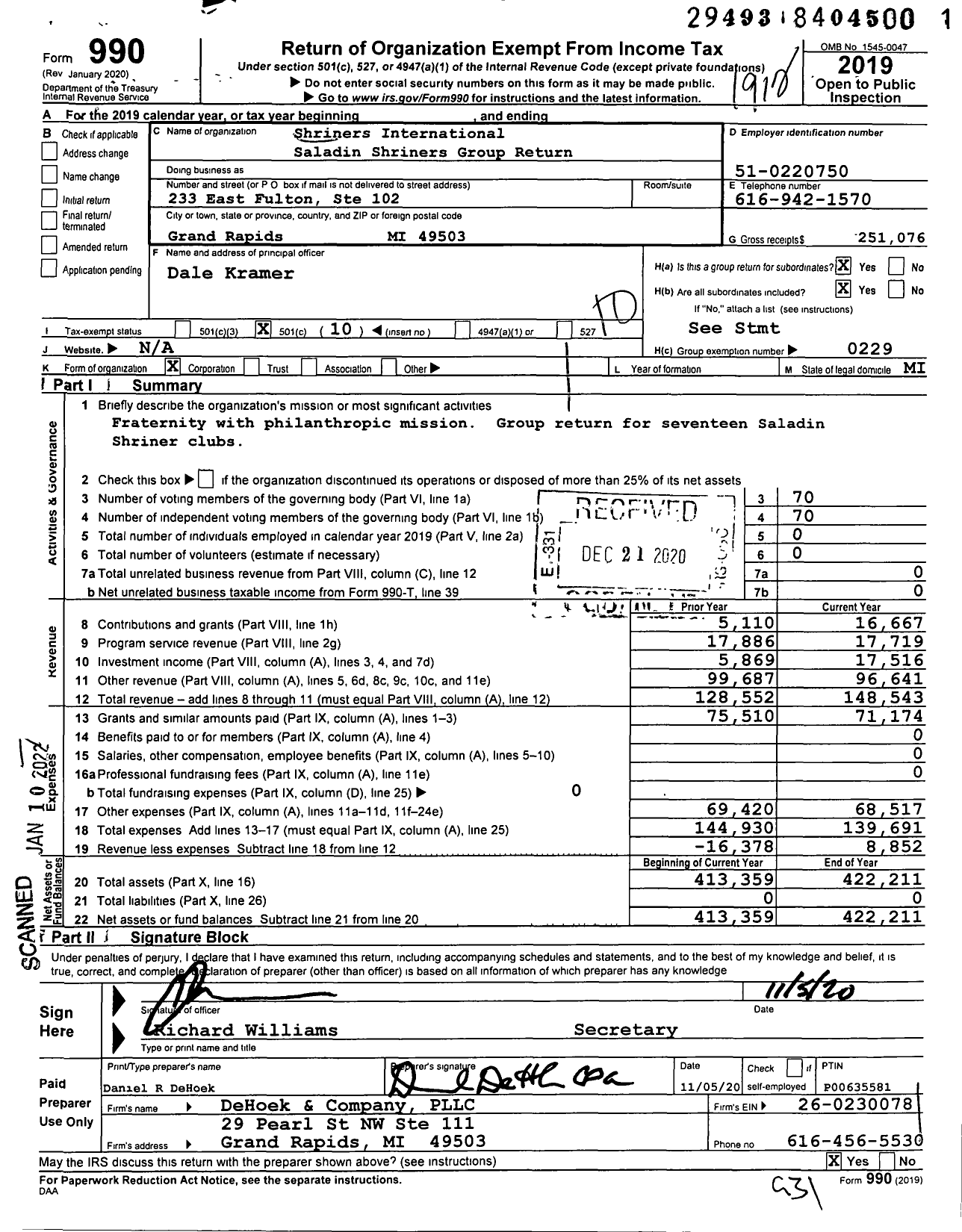 Image of first page of 2019 Form 990O for Shriners International Saladin Shriners Group Return