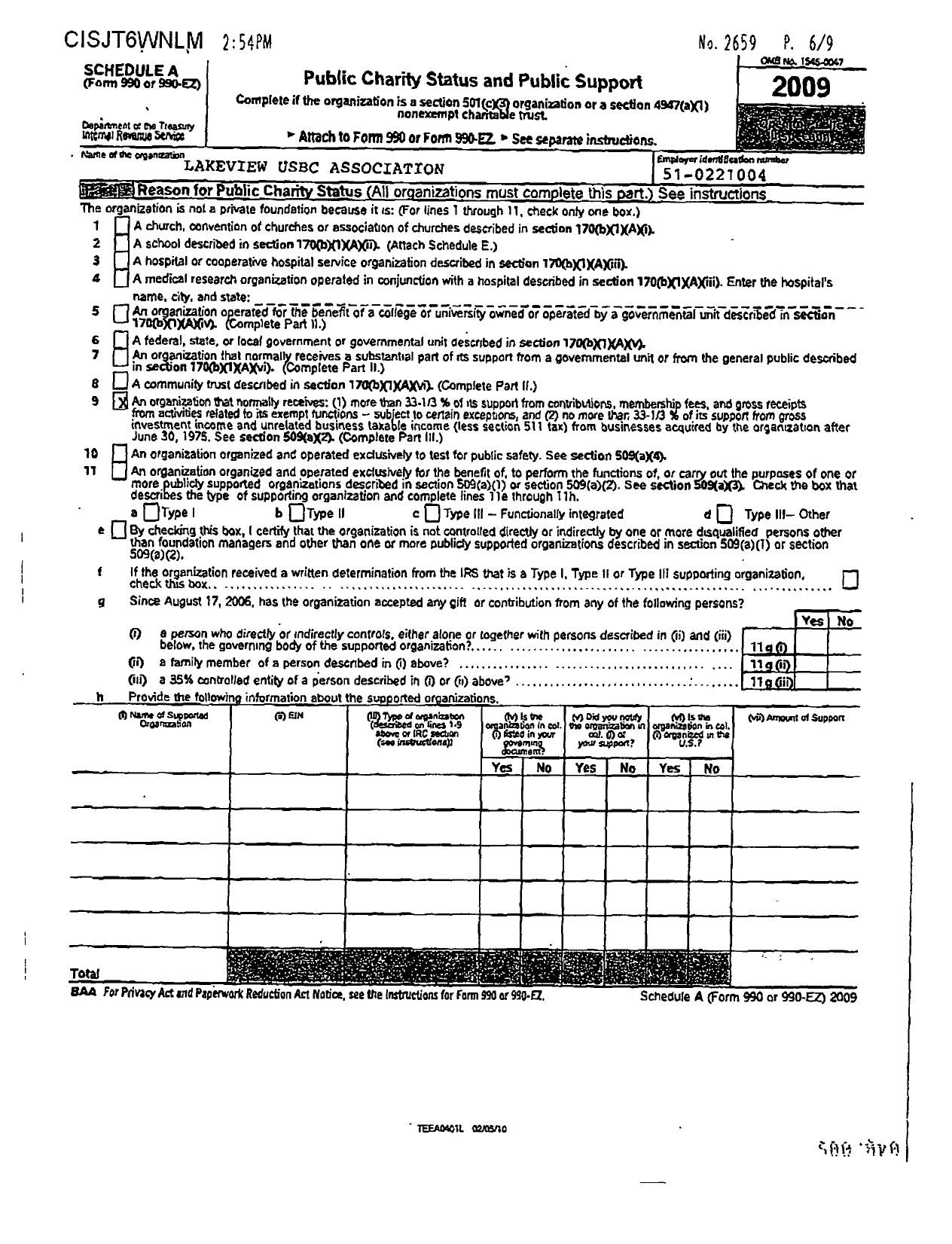 Image of first page of 2009 Form 990ER for United States Bowling Congress - 80647 Lakeview Usbc