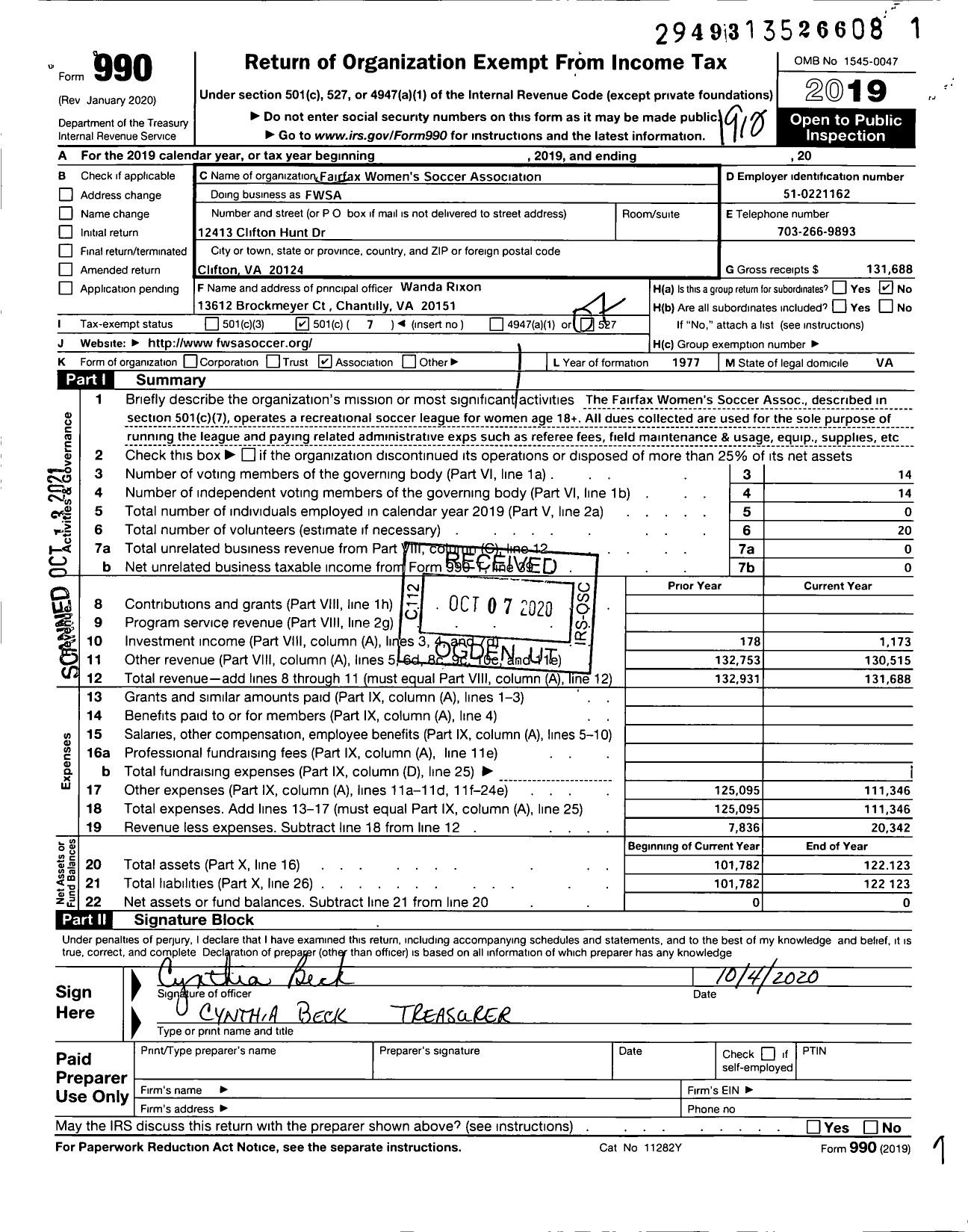 Image of first page of 2019 Form 990O for Fairfax Women's Soccer Association