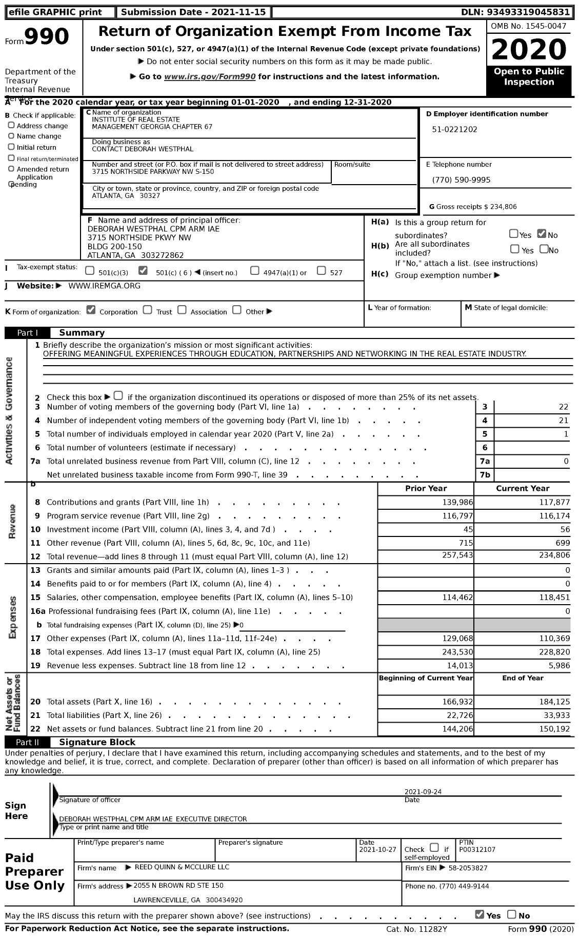 Image of first page of 2020 Form 990 for Institute of Real Estate Management - Contact Deborah Westphal