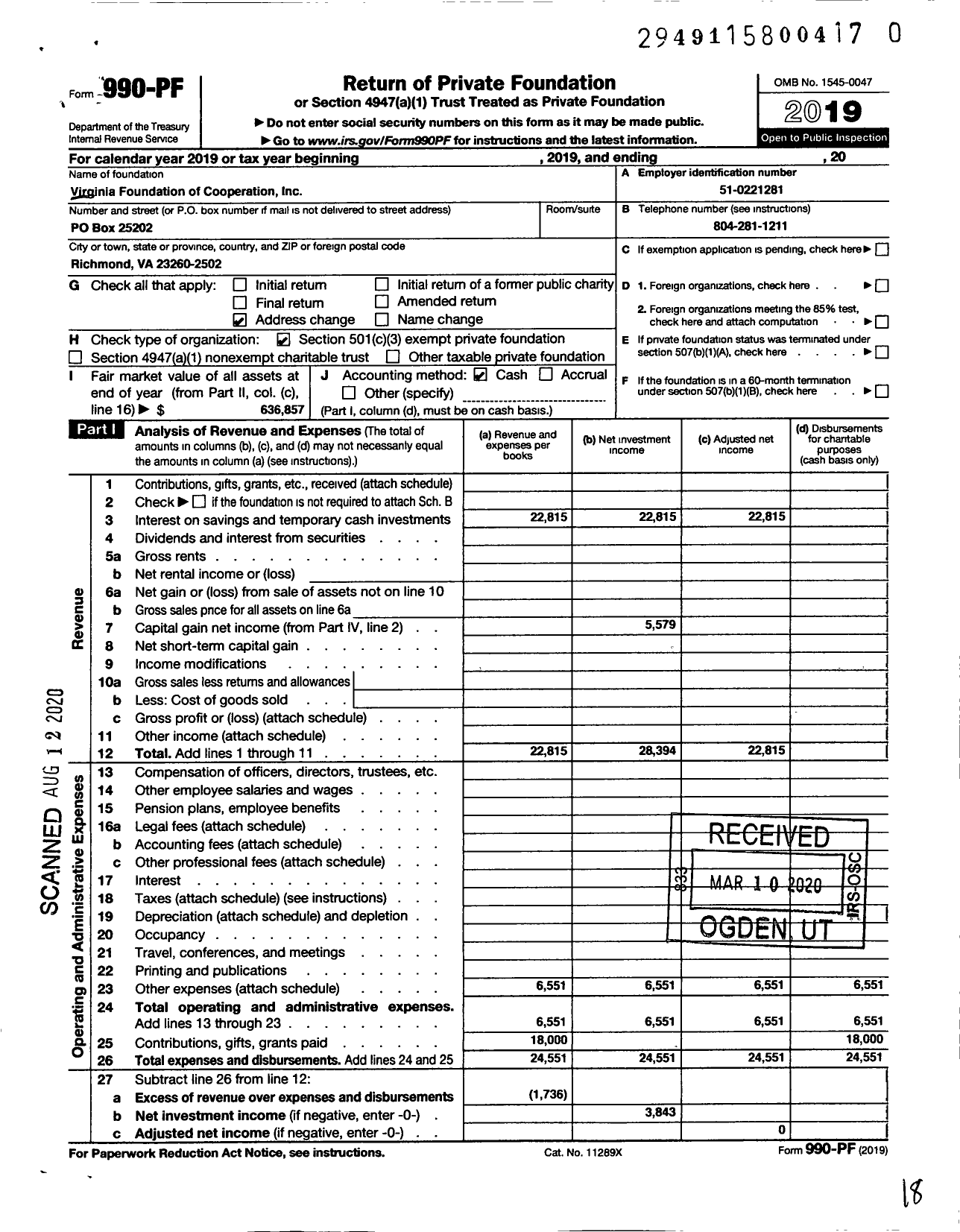 Image of first page of 2019 Form 990PR for Virginia Foundation of Cooperation