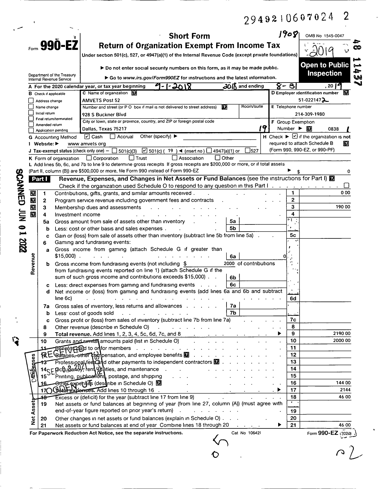 Image of first page of 2018 Form 990EO for Amvets of World War Ii Post 52