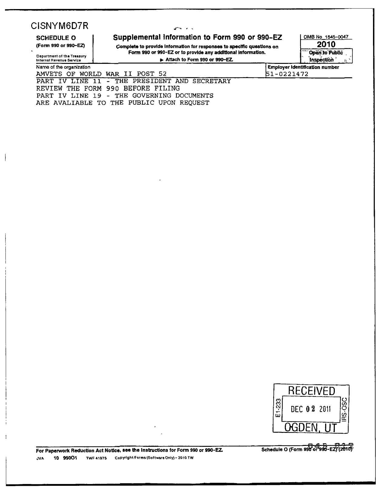 Image of first page of 2010 Form 990OR for Amvets of World War Ii Post 52